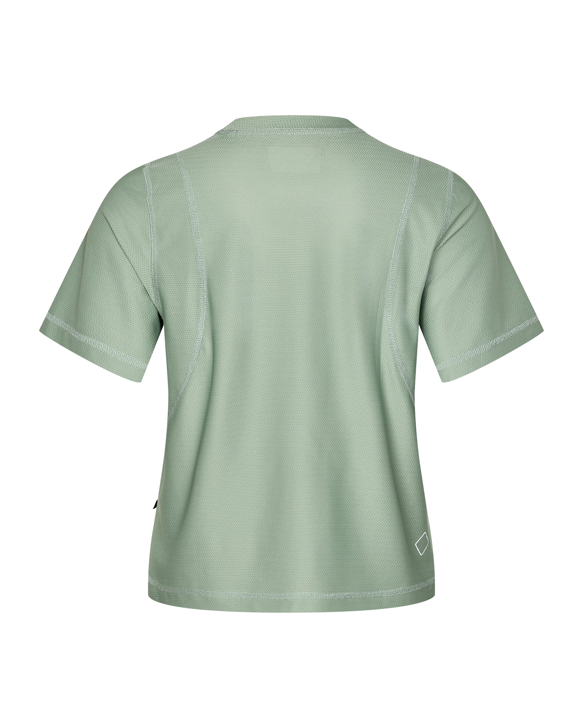 Green Sage Balance women's T-shirt, rear flat lay with contrast seam stitching