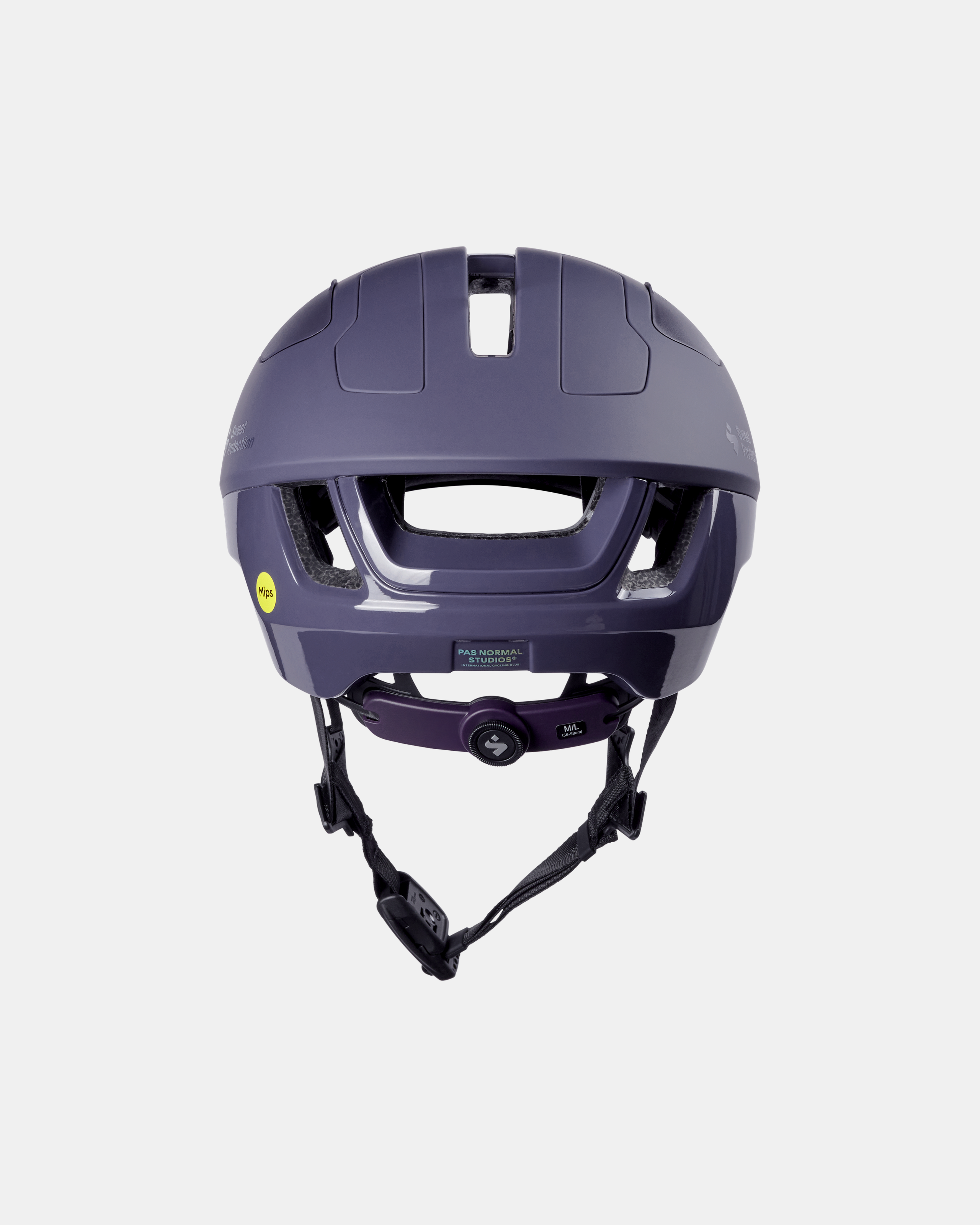 Grey Sweet Protection Falconer Aero 2Vi MIPS cycling helmet, rear view with adjustment dial and chin strap