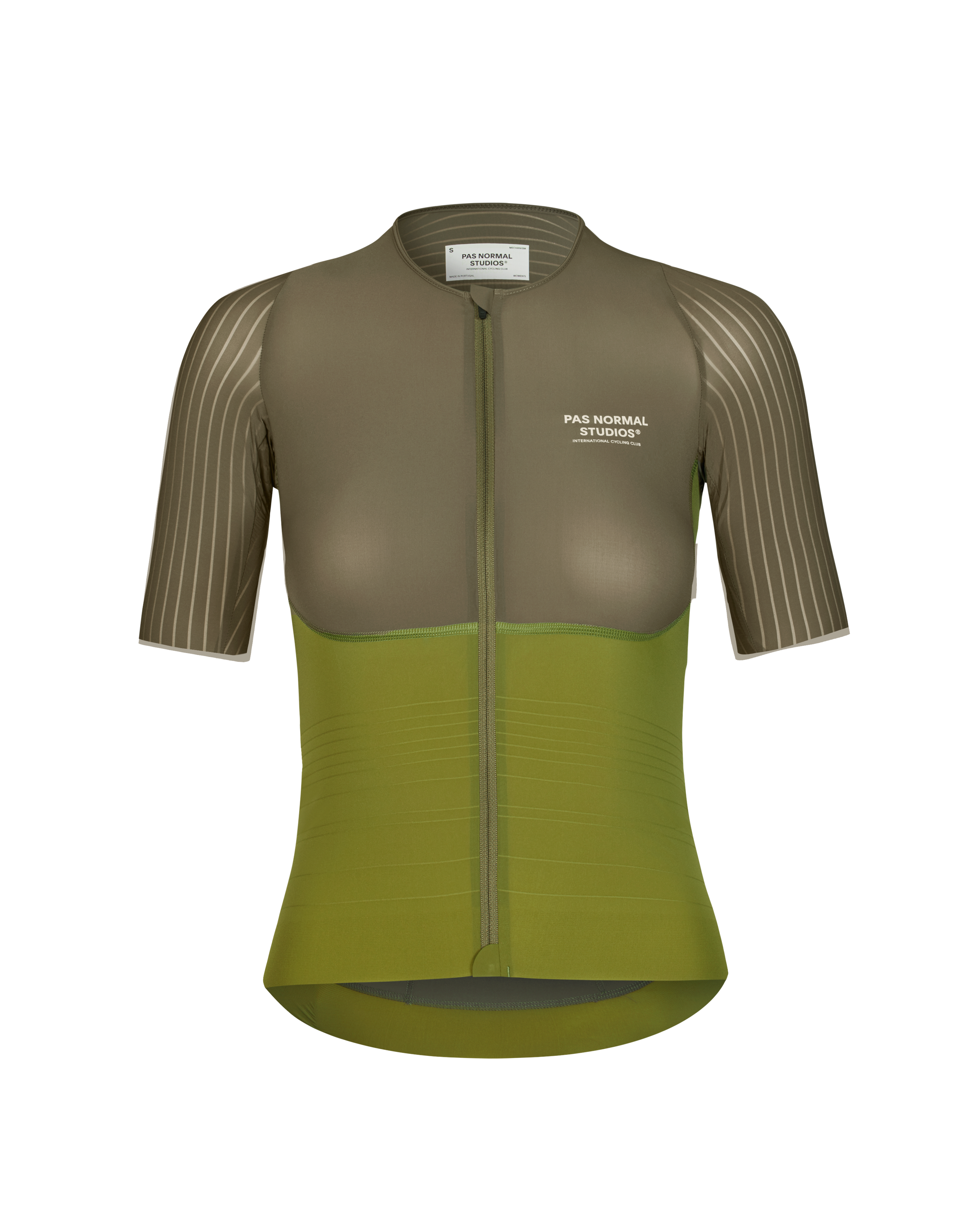 Earth khaki Mechanism Pro women's cycling jersey, front flat lay with pinstripe sleeves and two-tone panel