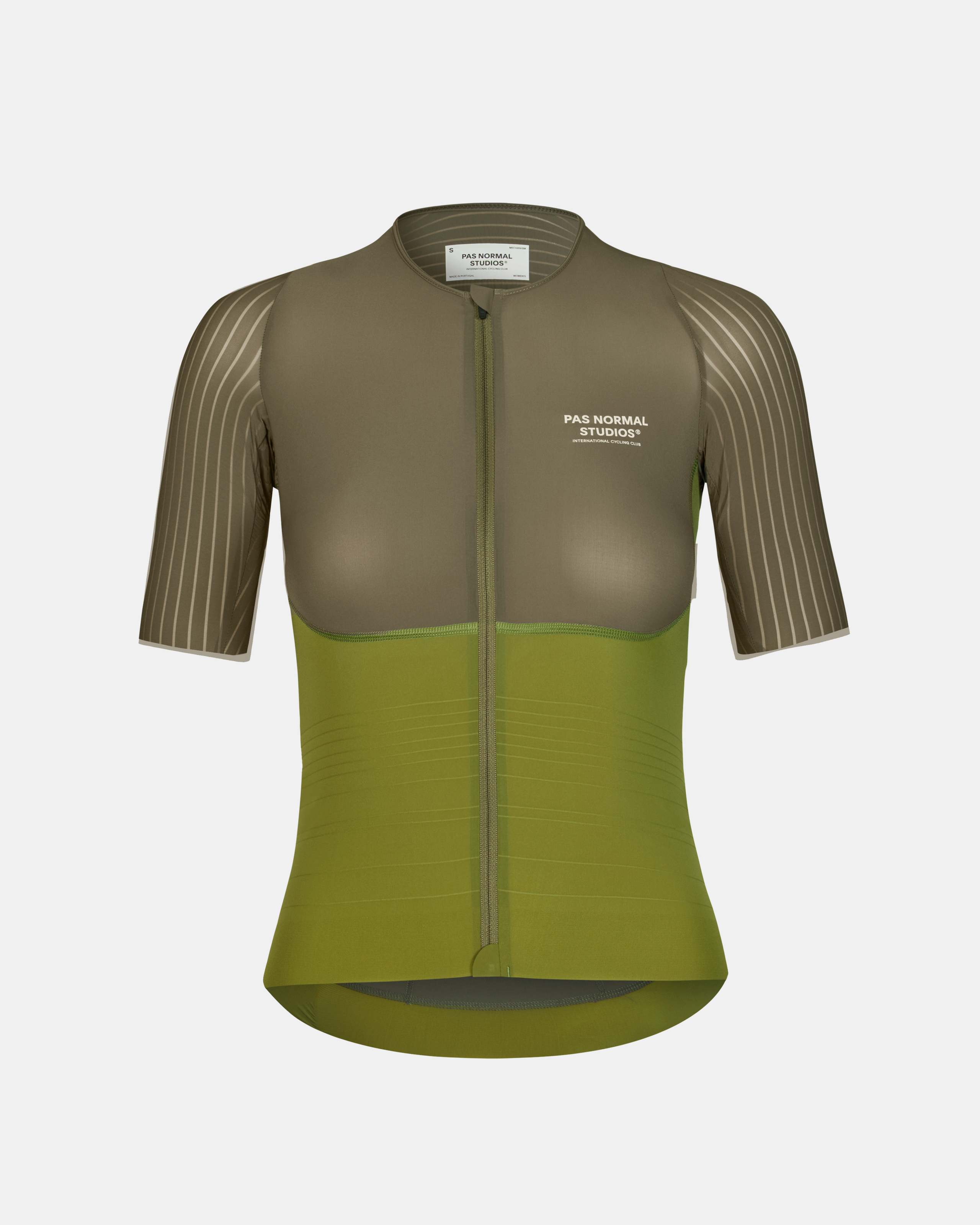 Earth khaki Mechanism Pro women's cycling jersey, front flat lay with pinstripe sleeves and two-tone panel