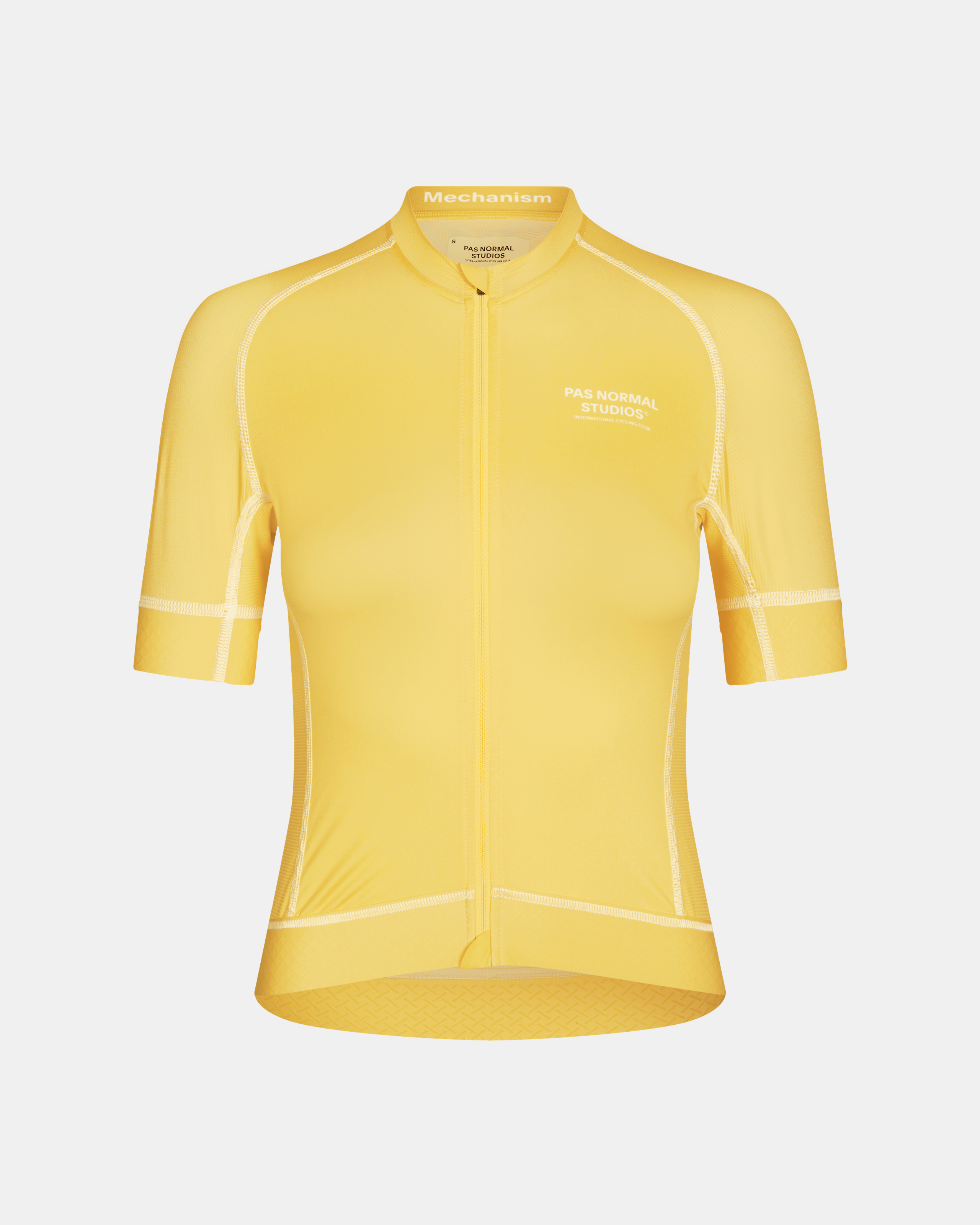 Yellow Mechanism cycling jersey, front view with white contrast stitching