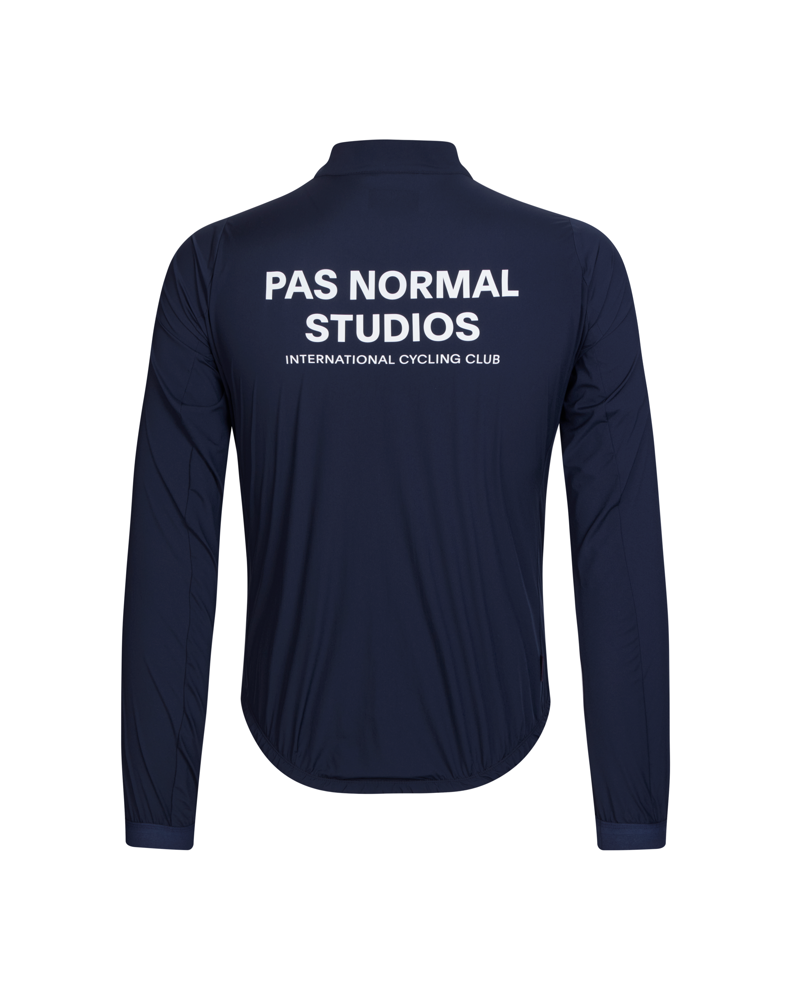 Navy Mechanism Stow Away jacket, rear flat lay with white back logo