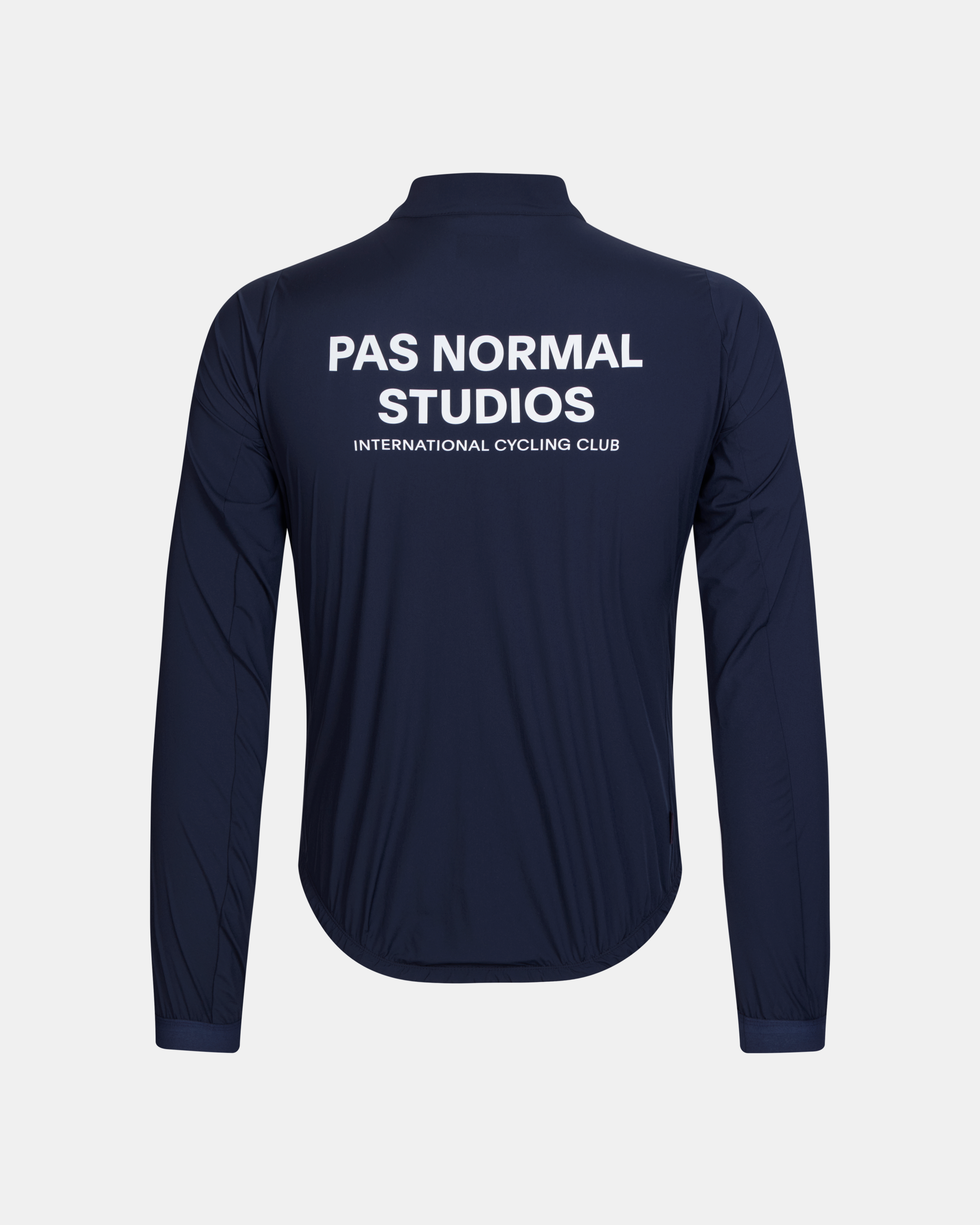 Navy Mechanism Stow Away jacket, rear flat lay with white back logo