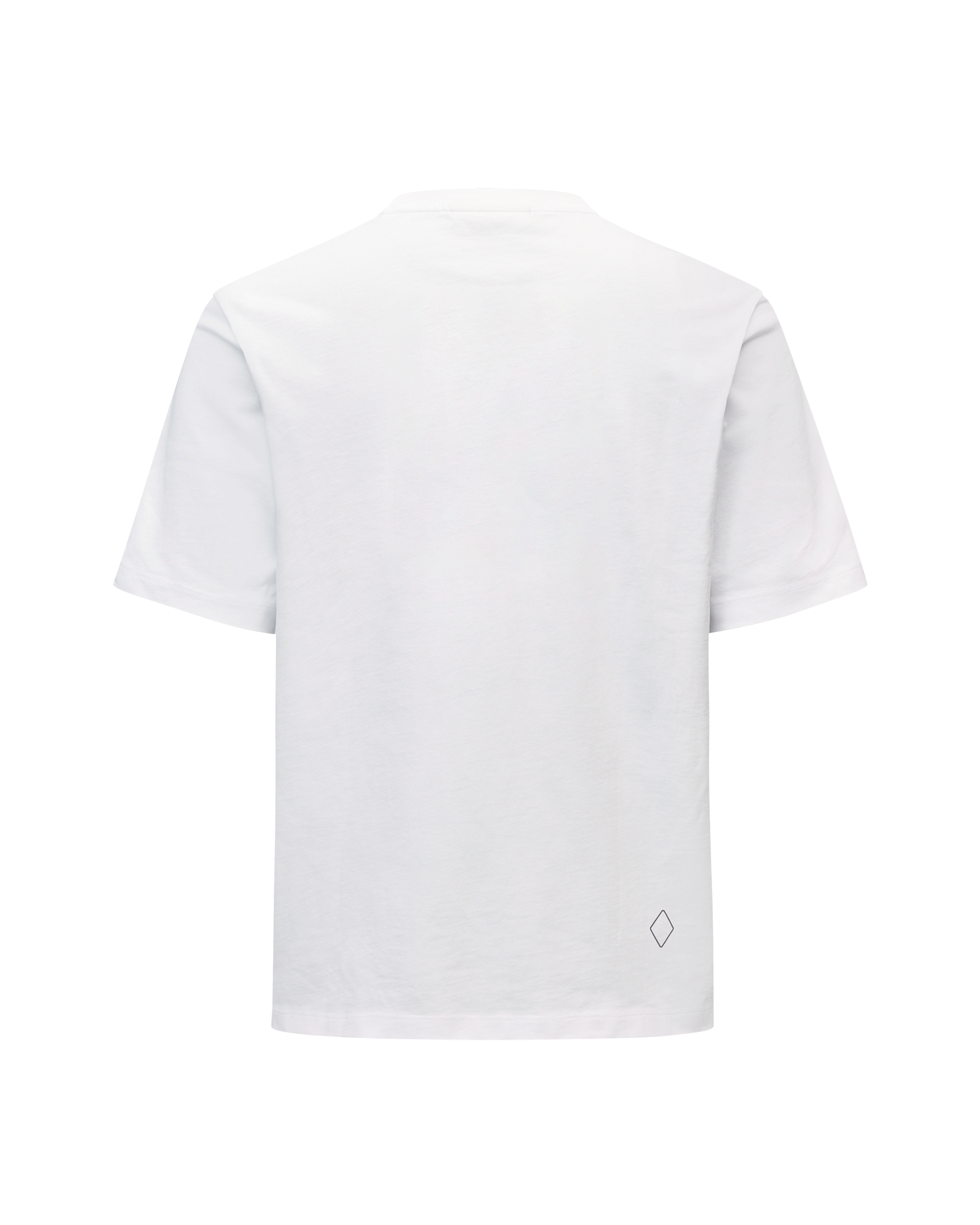 White Off-Race T-shirt, rear flat lay with small diamond logo at hem