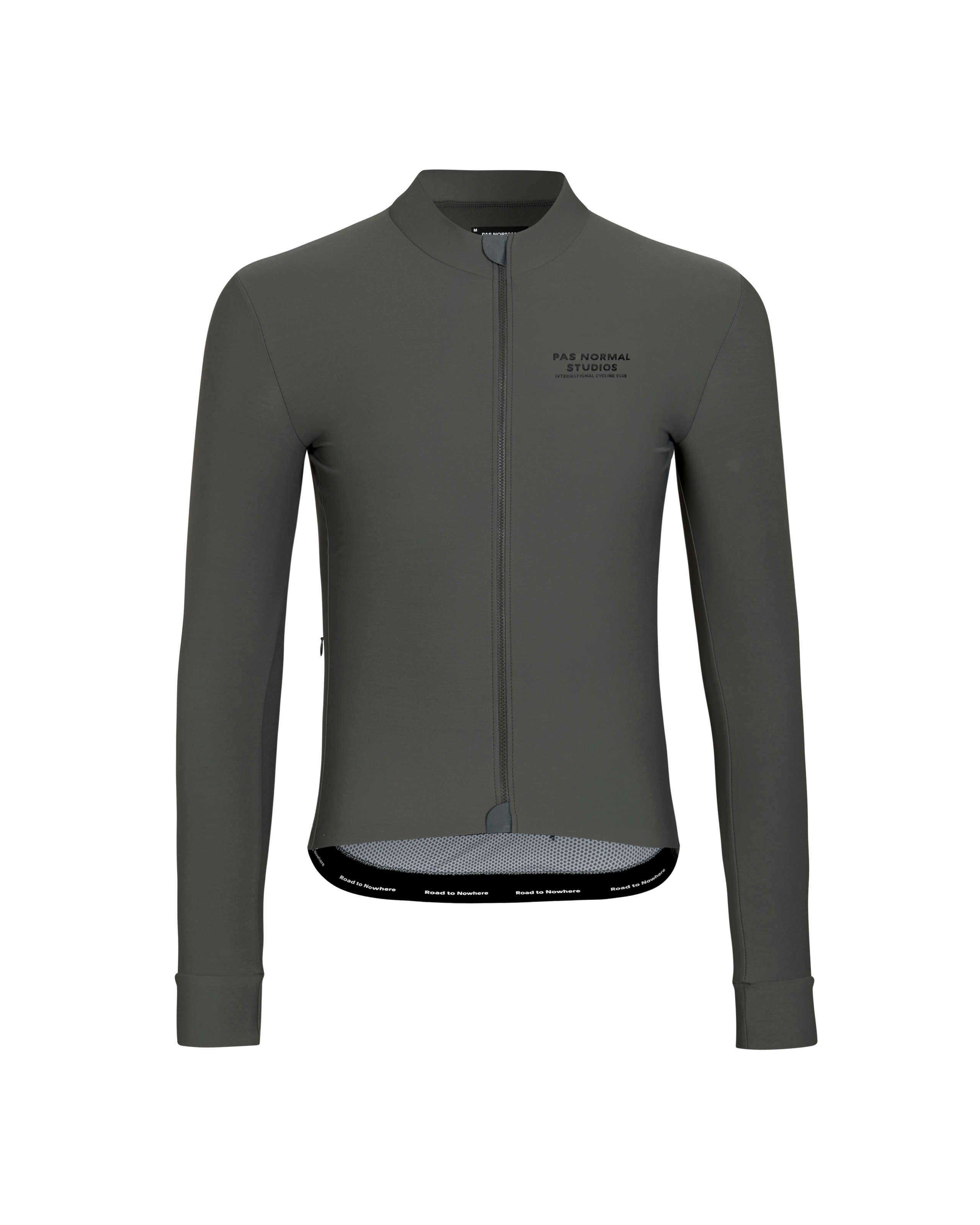 Grey Mechanism long sleeve cycling jersey, front view with full zip and chest logo