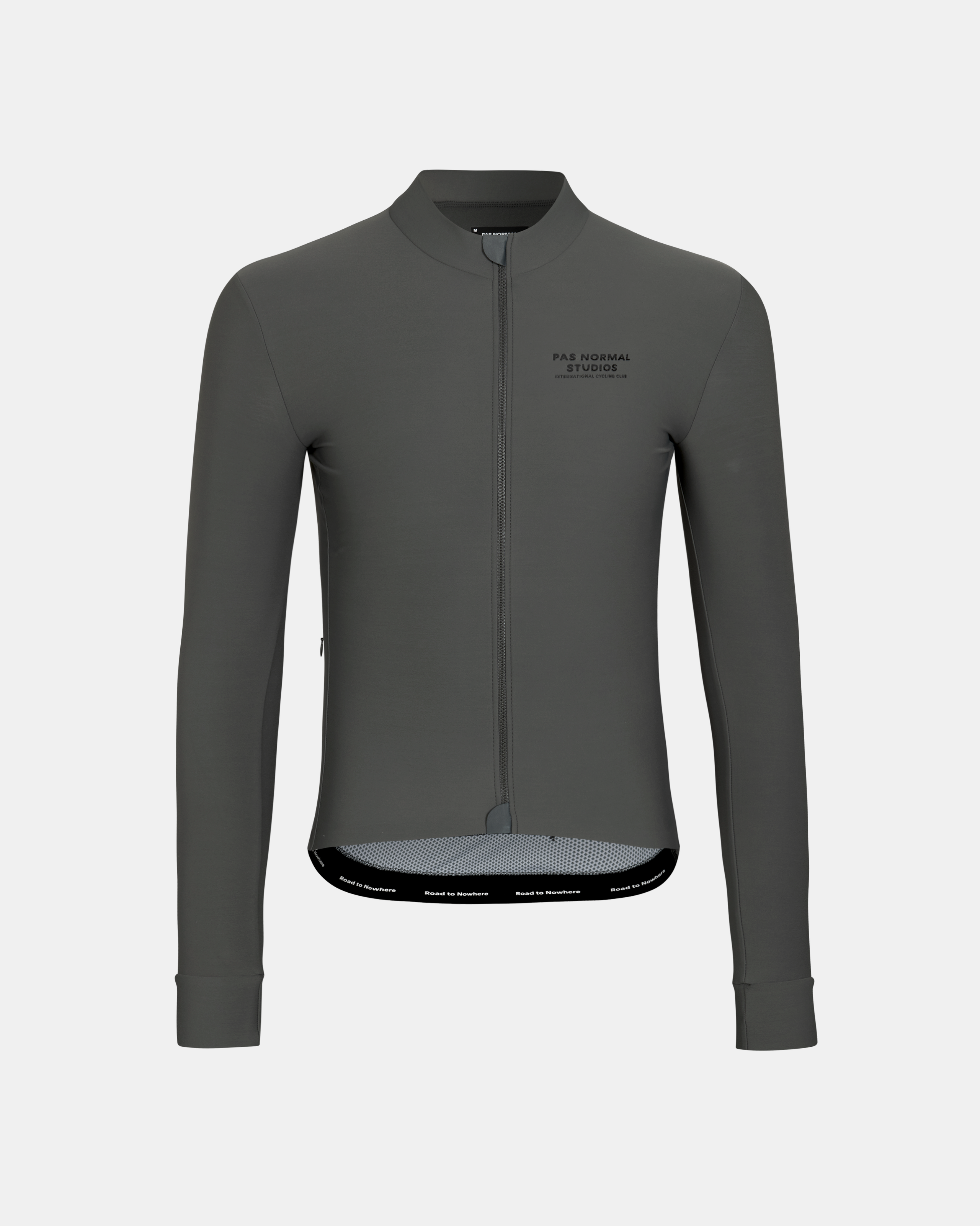 Grey Mechanism long sleeve cycling jersey, front view with full zip and chest logo
