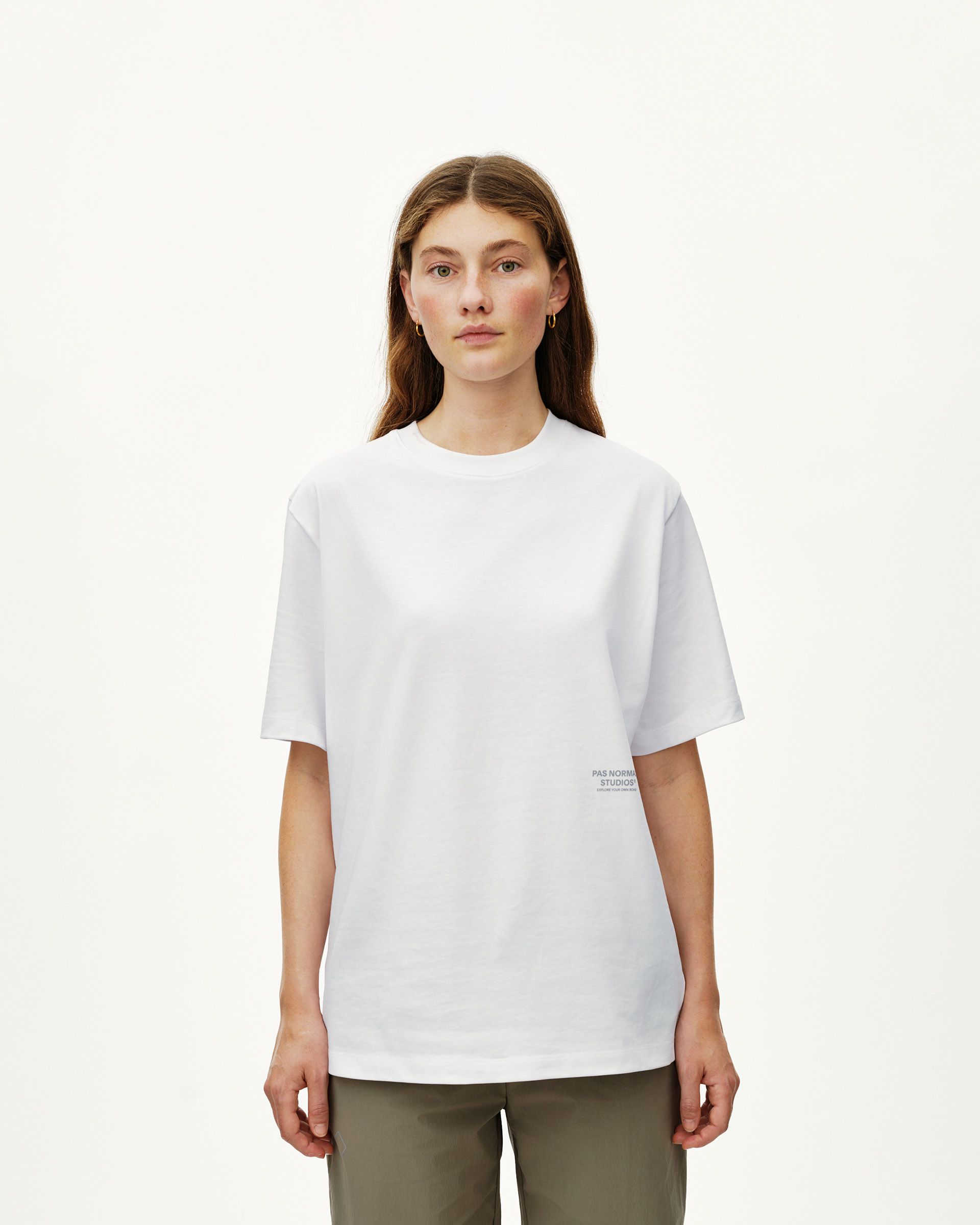 White Off-Race Graphic T-shirt on model, front view with small chest text print