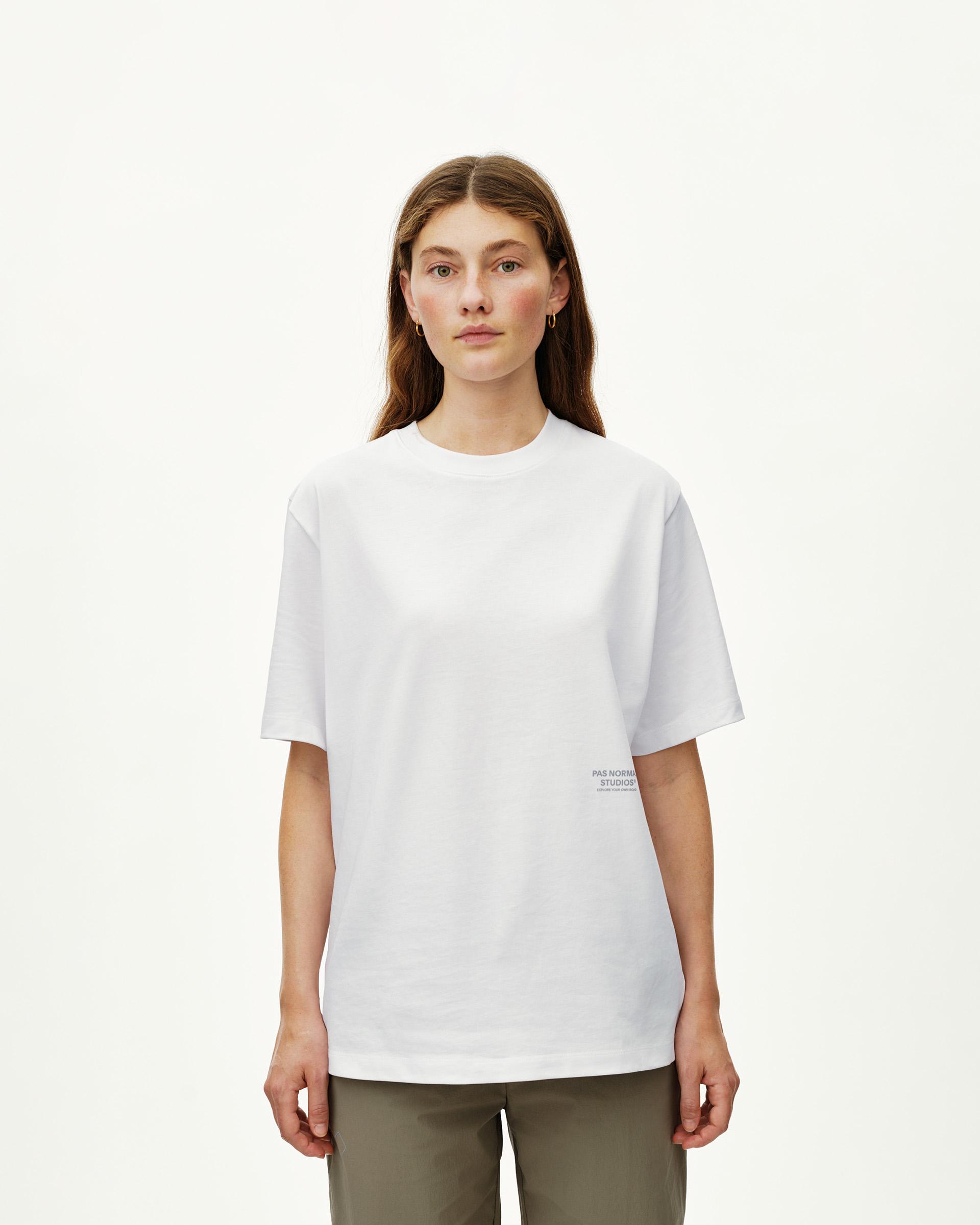 White Off-Race Graphic T-shirt on model, front view with small chest text print