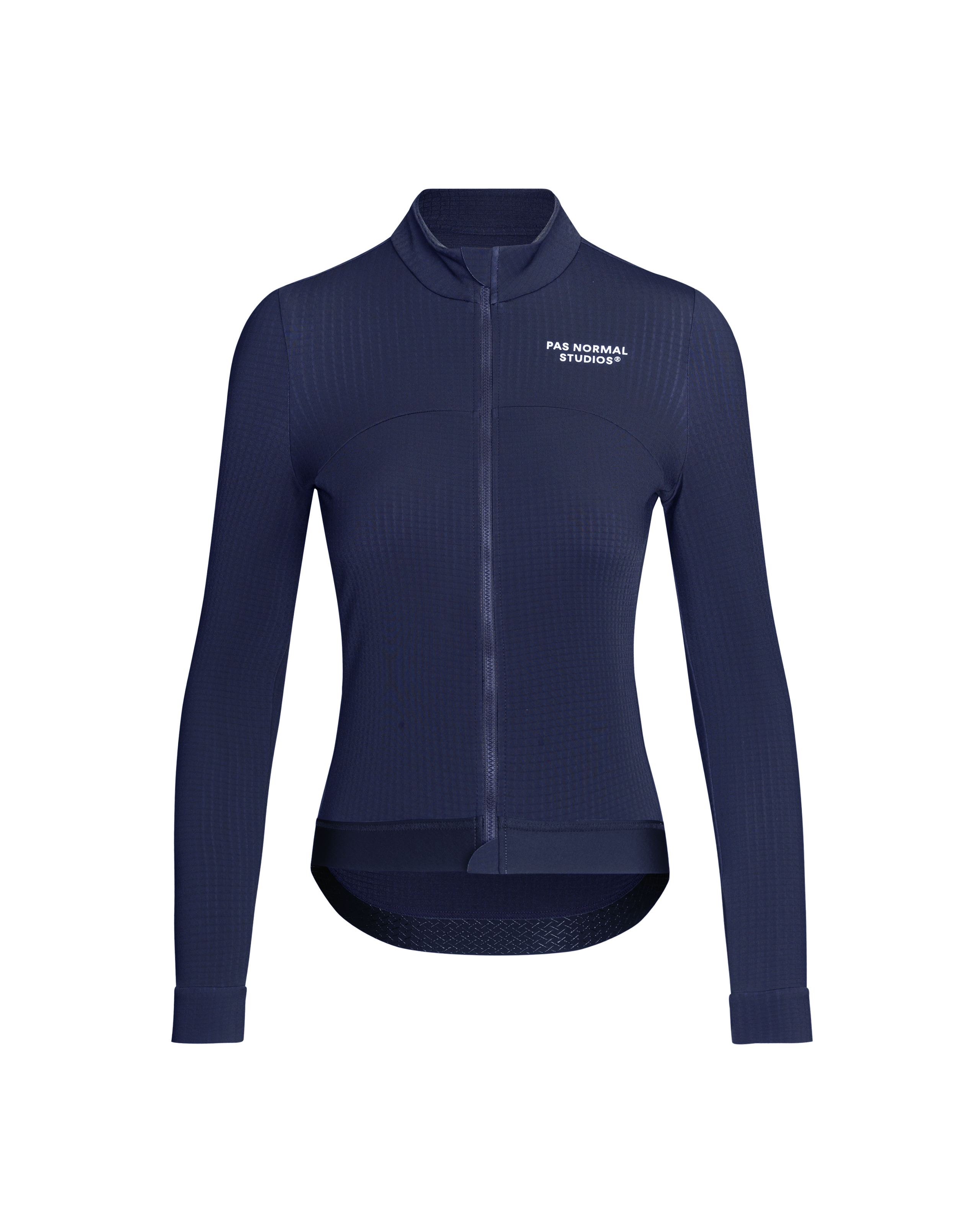 Navy Essential women's long sleeve cycling jersey, front flat lay with full zip and white chest logo