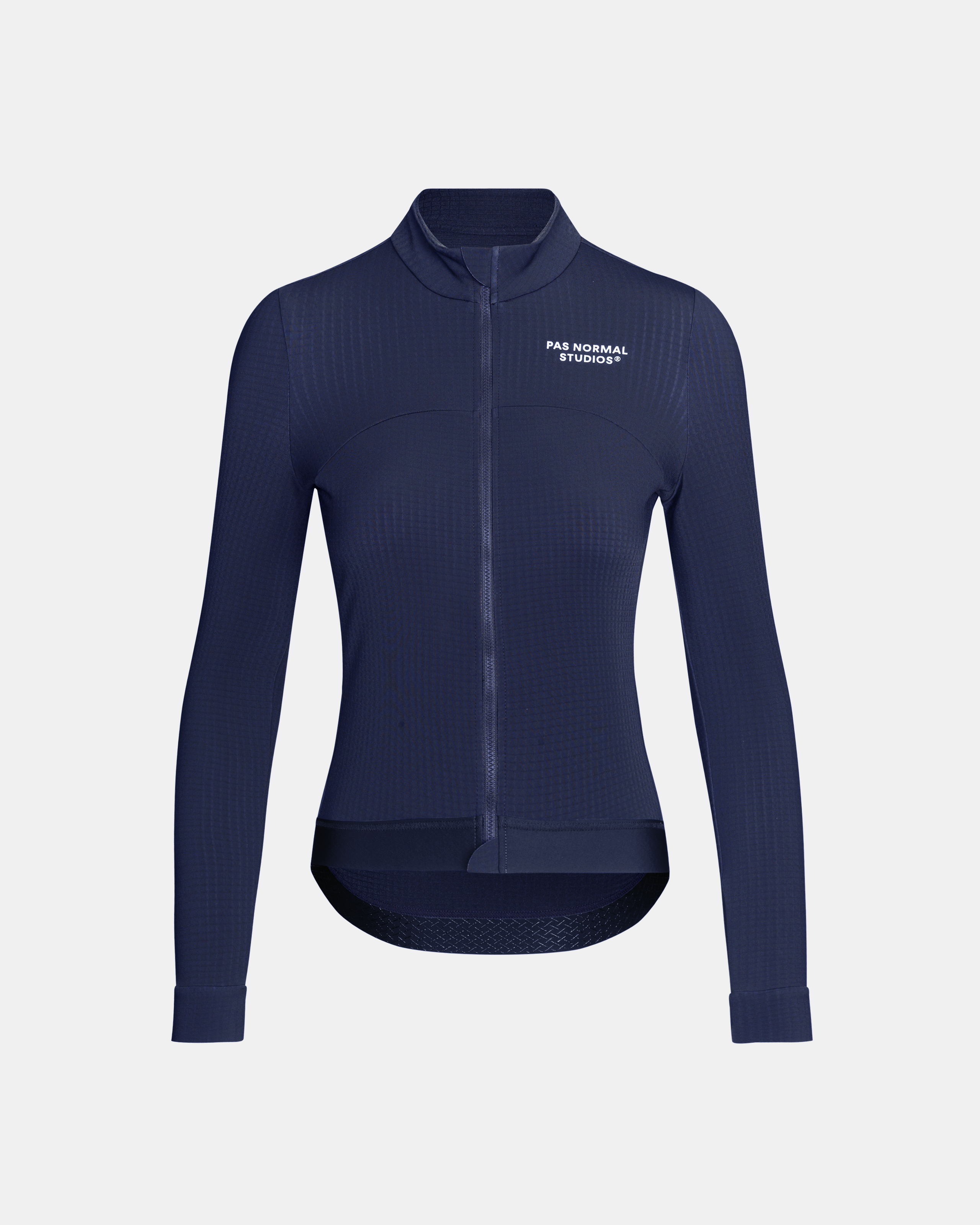 Navy Essential women's long sleeve cycling jersey, front flat lay with full zip and white chest logo