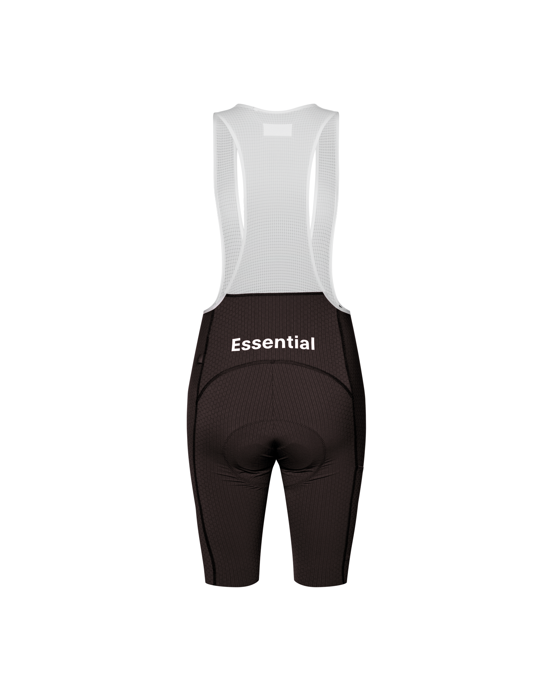 Dark Purple Essential cycling bibs, rear flat lay with white mesh bib straps
