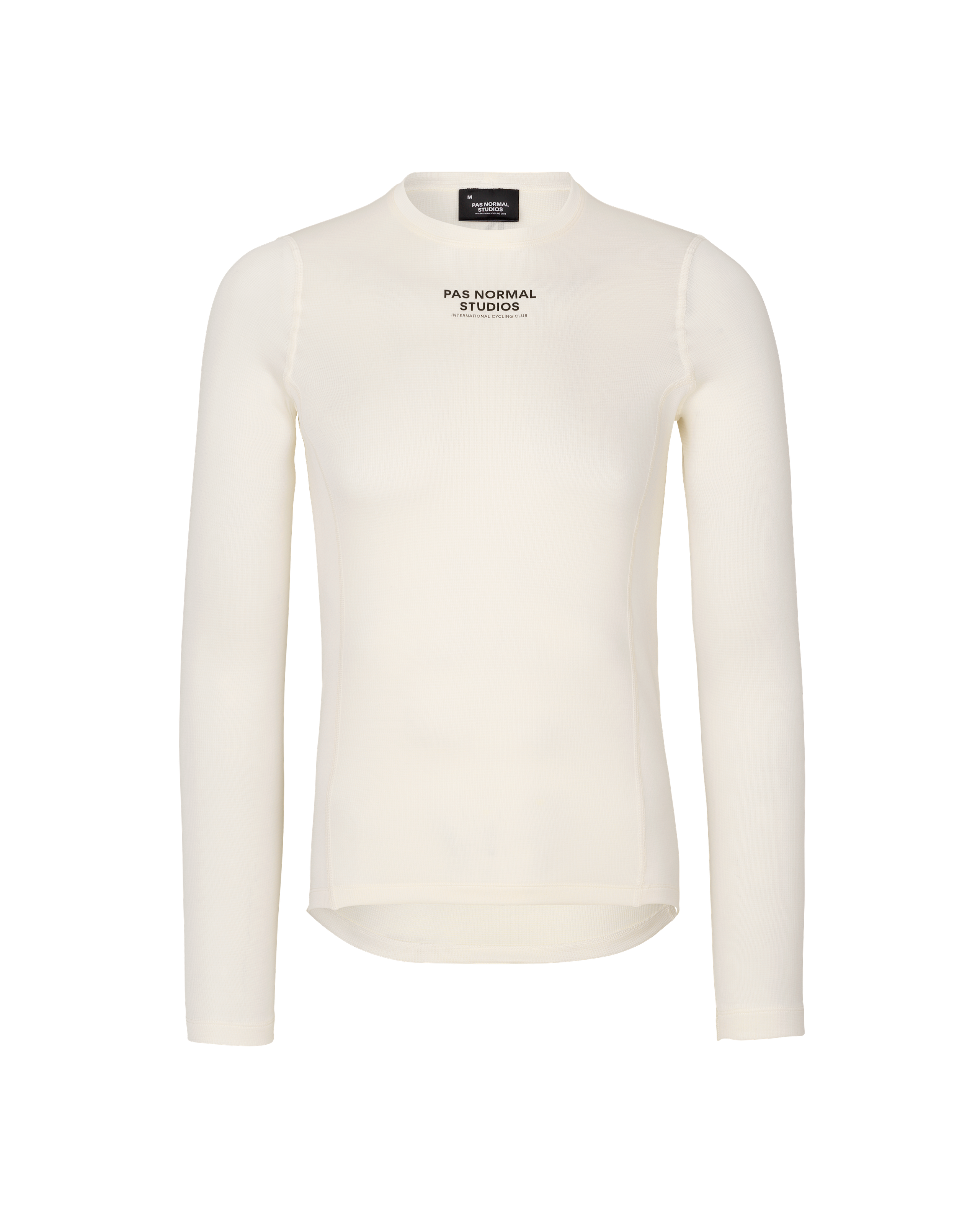 Off White Mid long sleeve base layer, front view with black chest logo