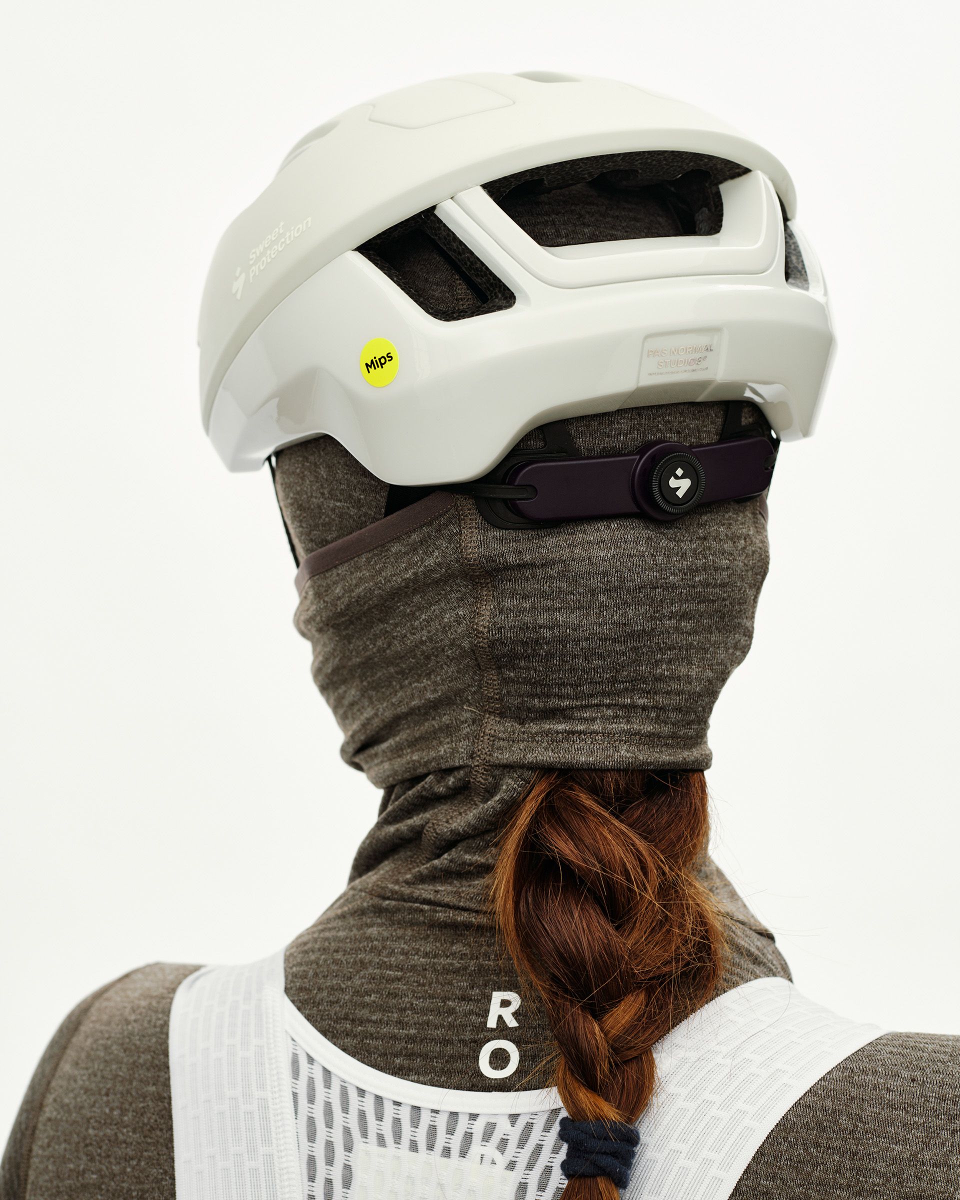 Dark Coffee brown Women's Thermal Hooded Baselayer Windproof on model, rear view with neck gaiter pulled up
