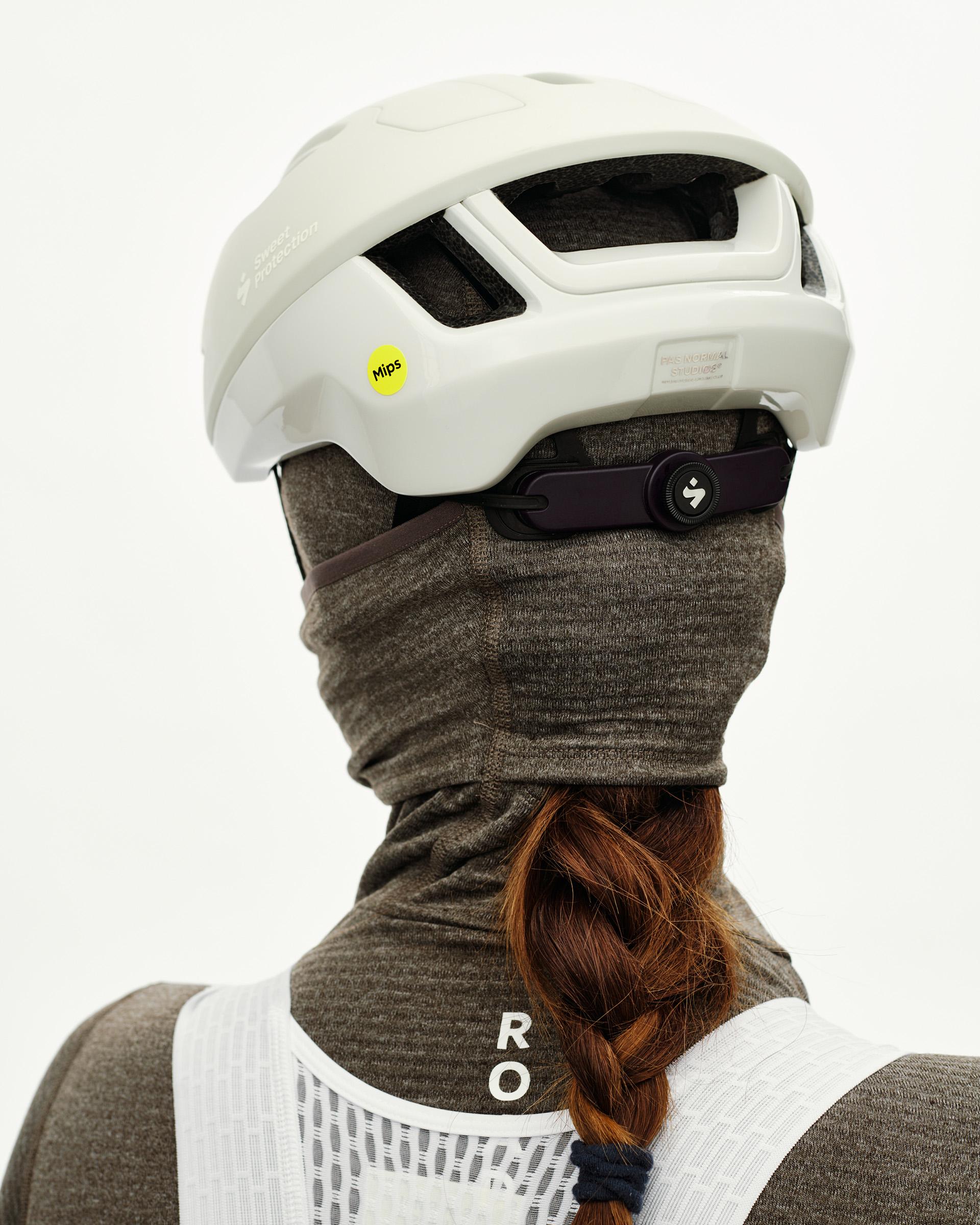 Dark Coffee brown Women's Thermal Hooded Baselayer Windproof on model, rear view with neck gaiter pulled up