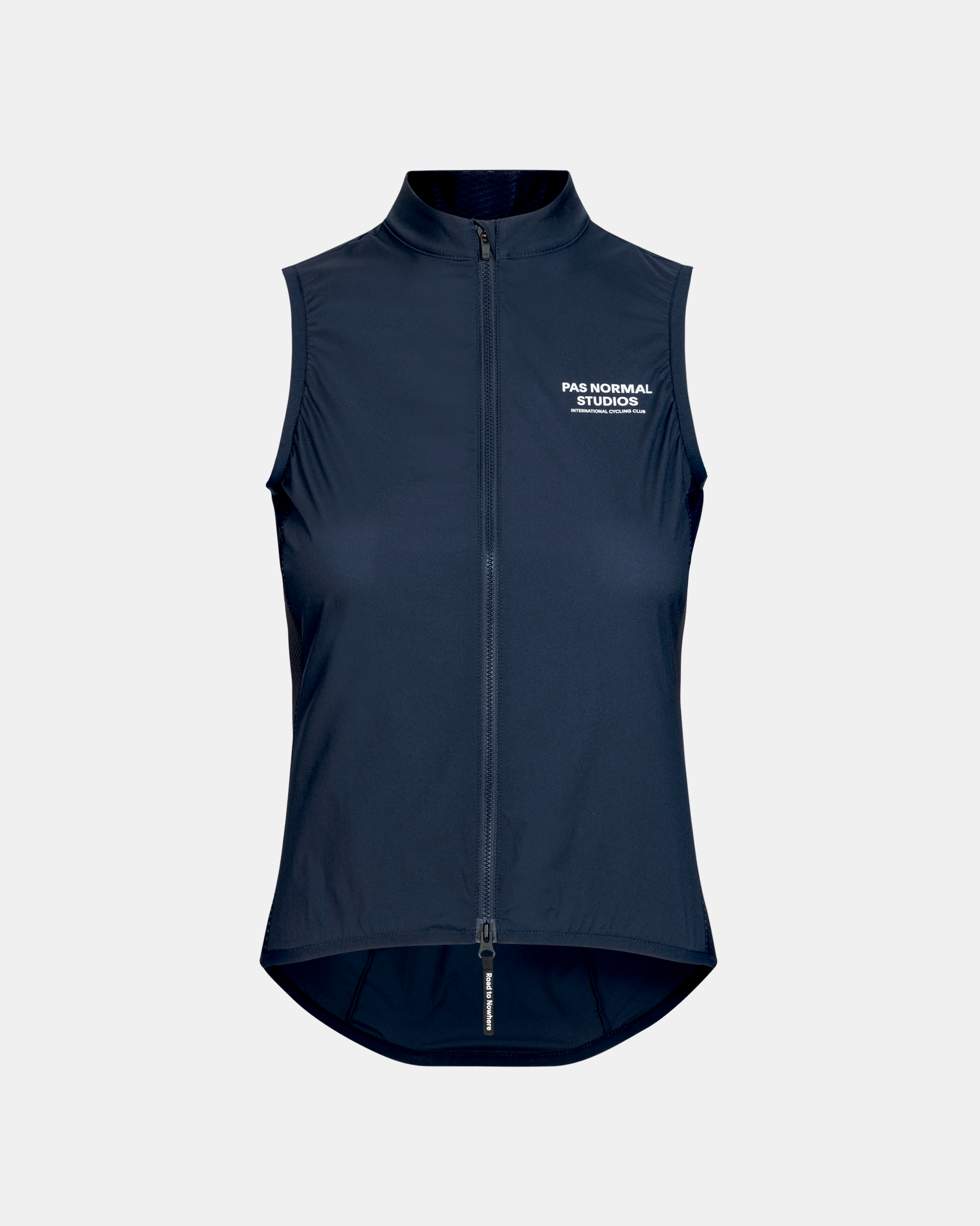 Navy Mechanism Stow Away cycling gilet, front flat lay with full zip and white chest logo