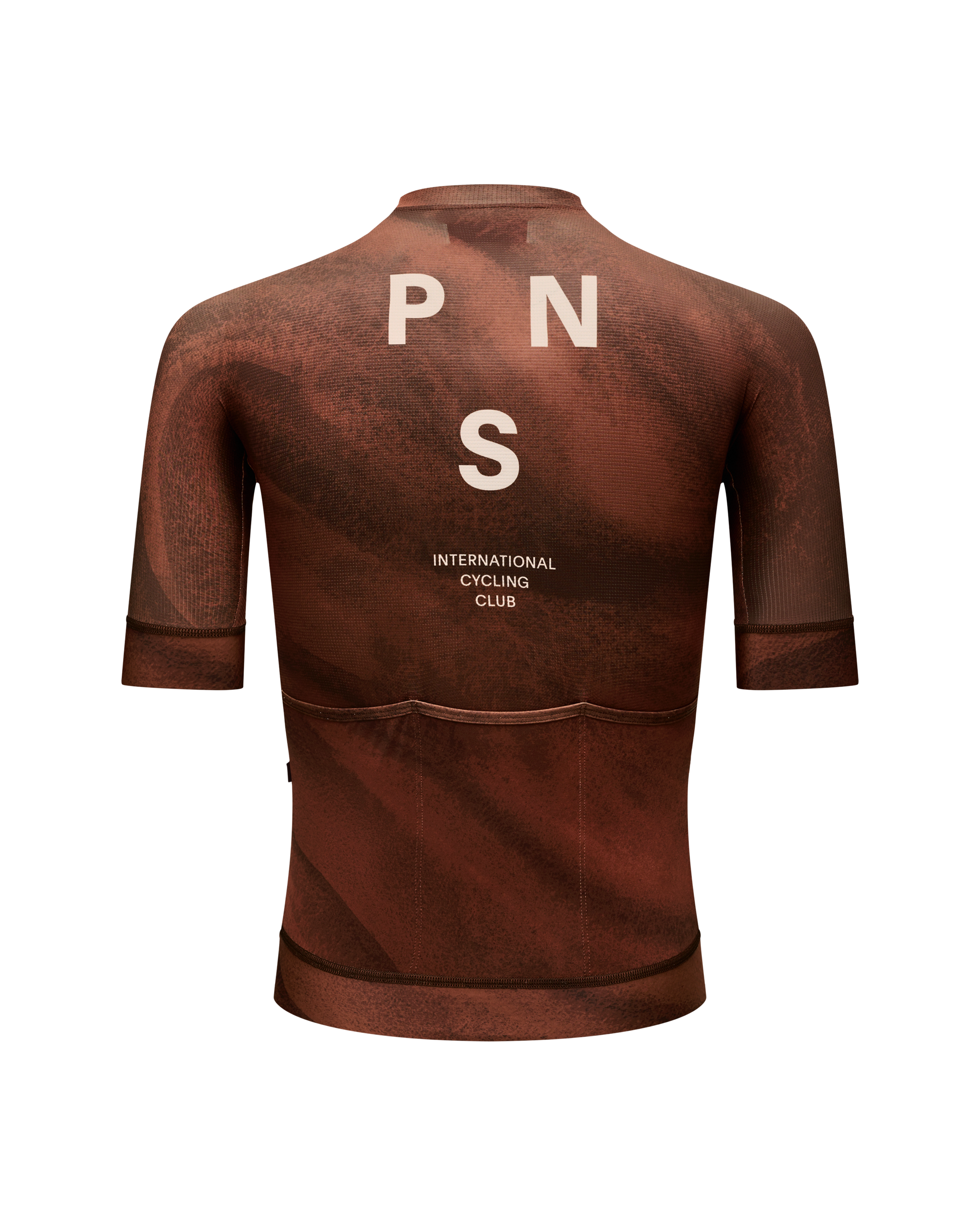 Brown Mechanism cycling jersey, rear view with white PNS lettering and International Cycling Club text