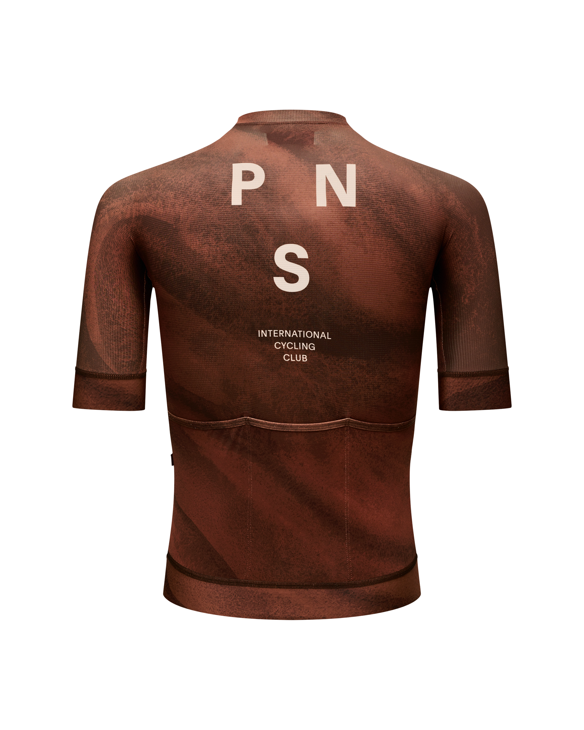 Brown Mechanism cycling jersey, rear view with white PNS lettering and International Cycling Club text