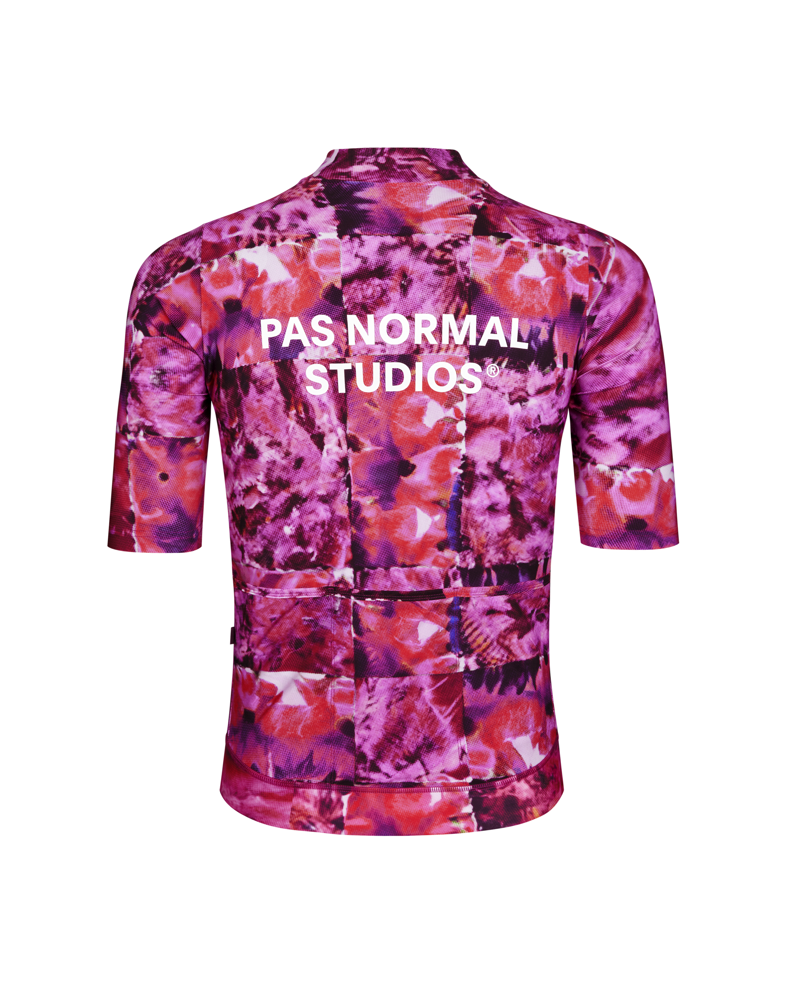 Pink Essential cycling jersey, rear flat lay with abstract floral print and white back logo