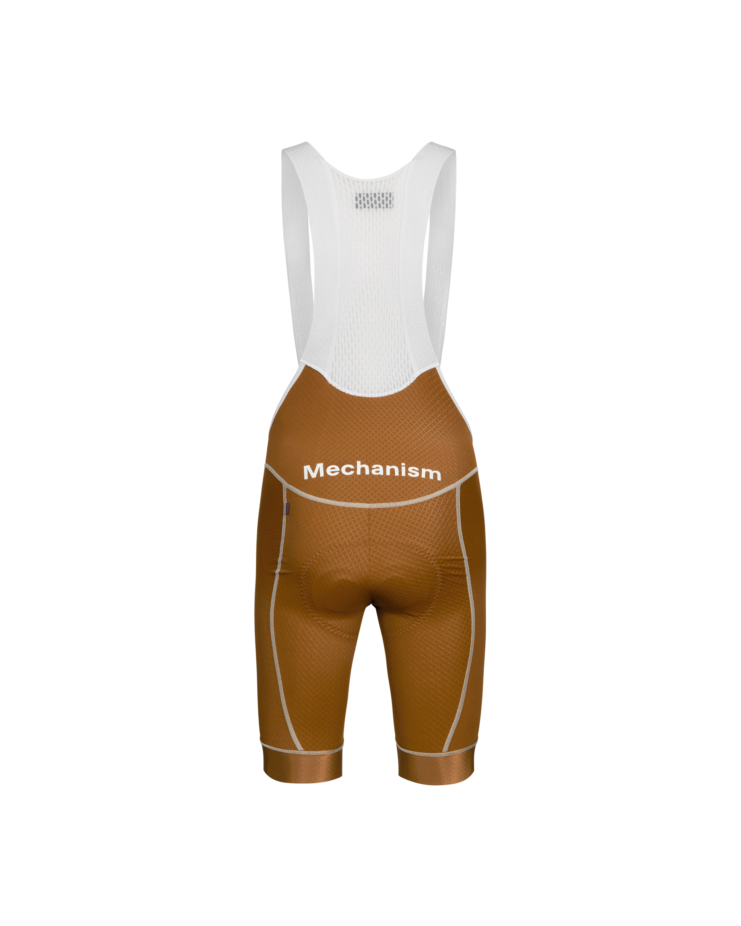 Brown Mechanism cycling bibs, front flat lay with white mesh bib straps and contrast stitching