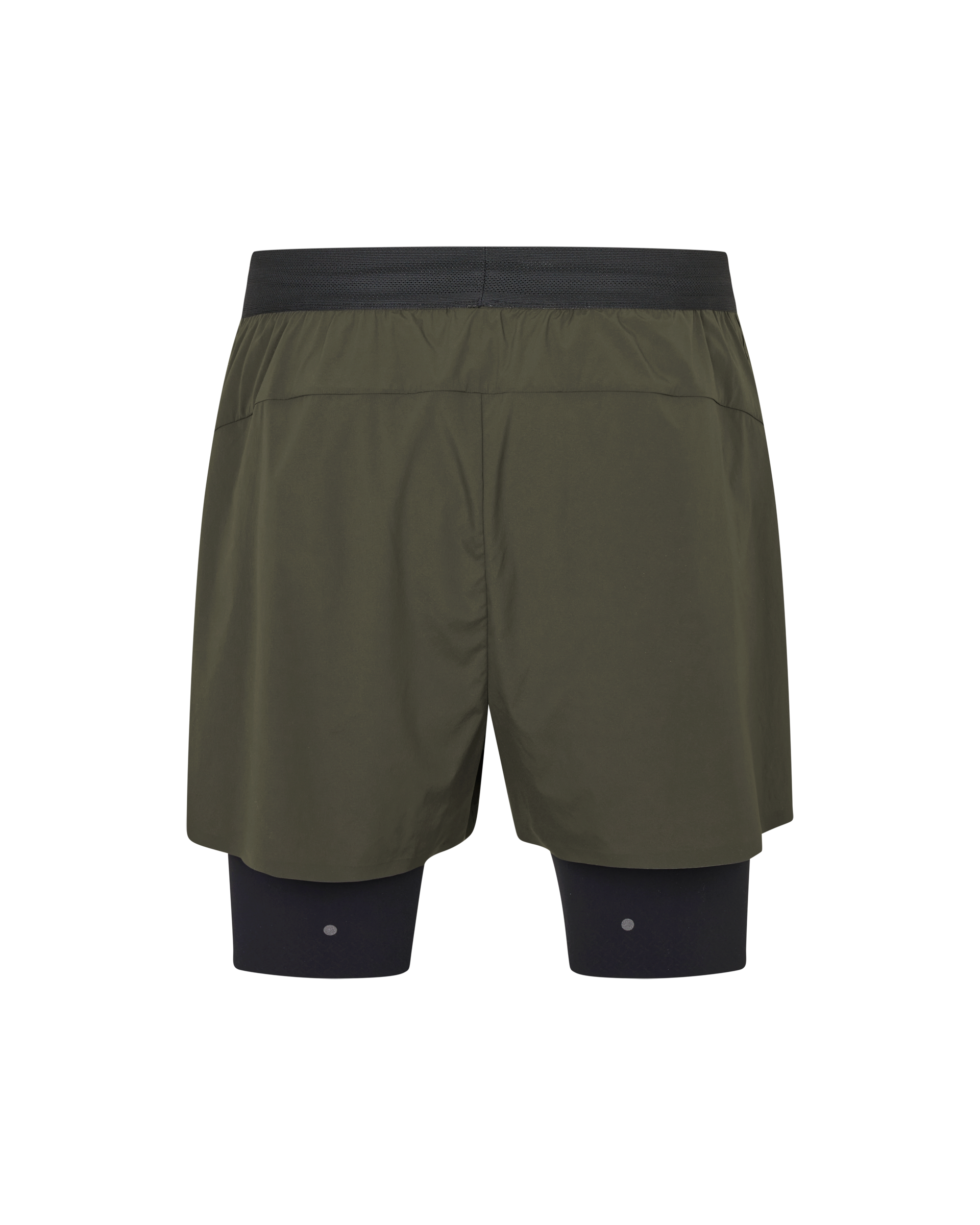 Dark Olive Balance 2-in-1 shorts, rear flat lay with black compression liner