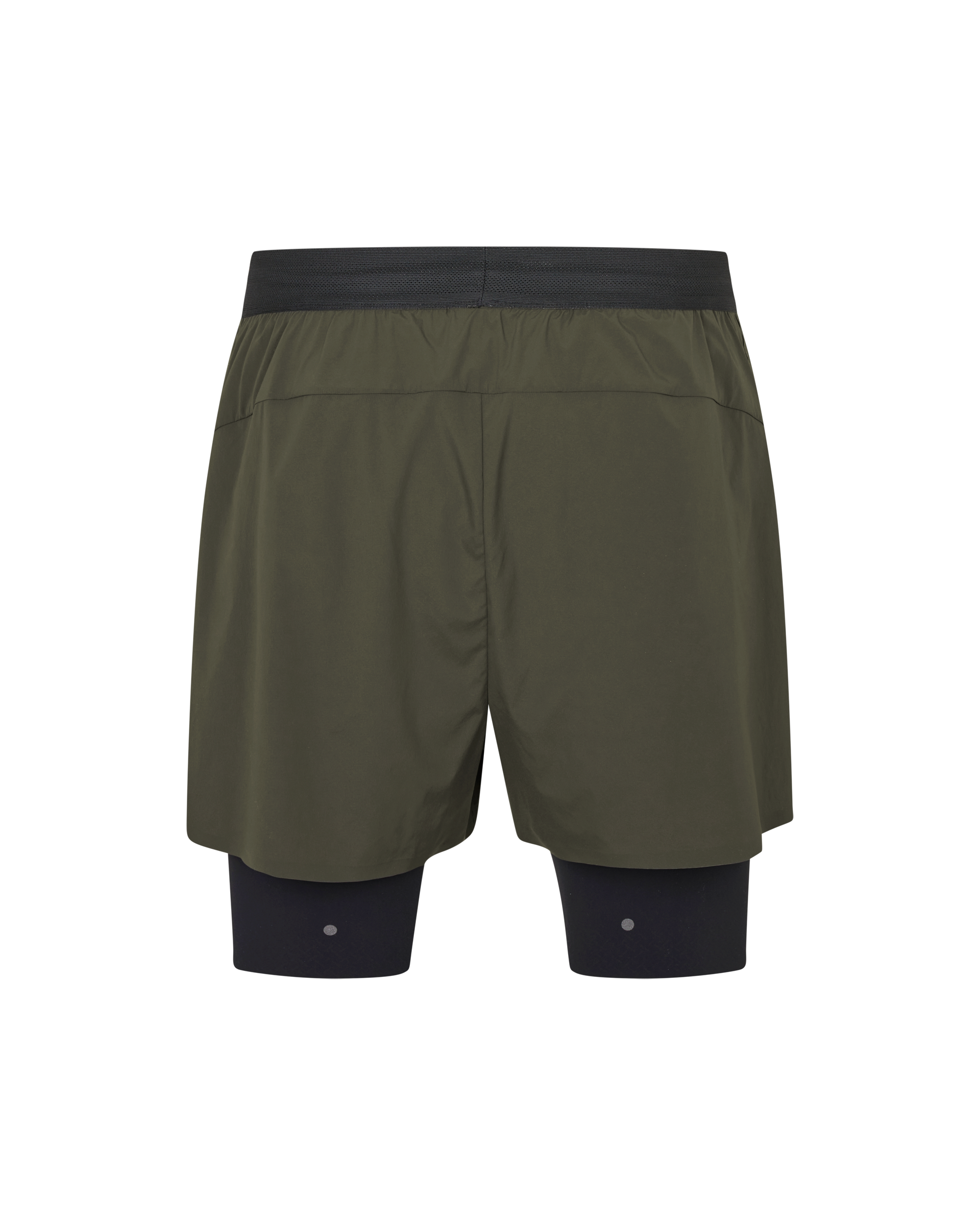 Dark Olive Balance 2-in-1 shorts, rear flat lay with black compression liner