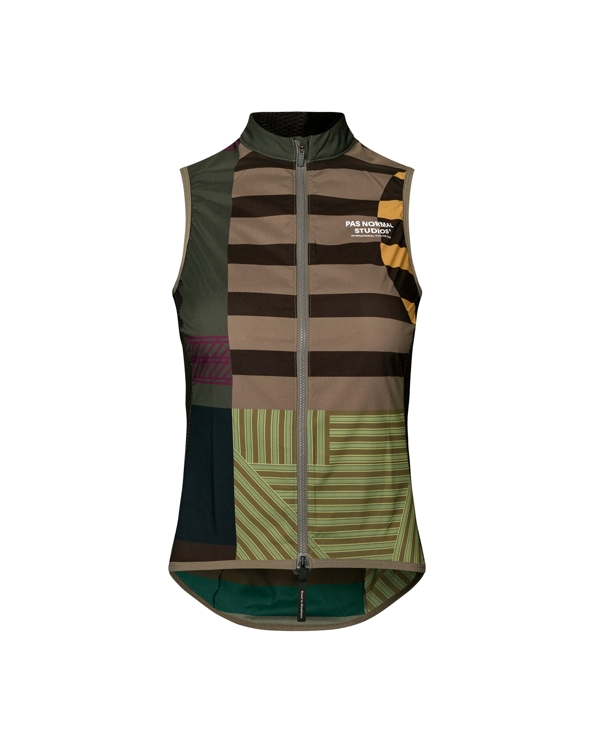 Stow Away cycling gilet in International Earth with multi-pattern patchwork of olive, brown, tan, green, mustard, and purple