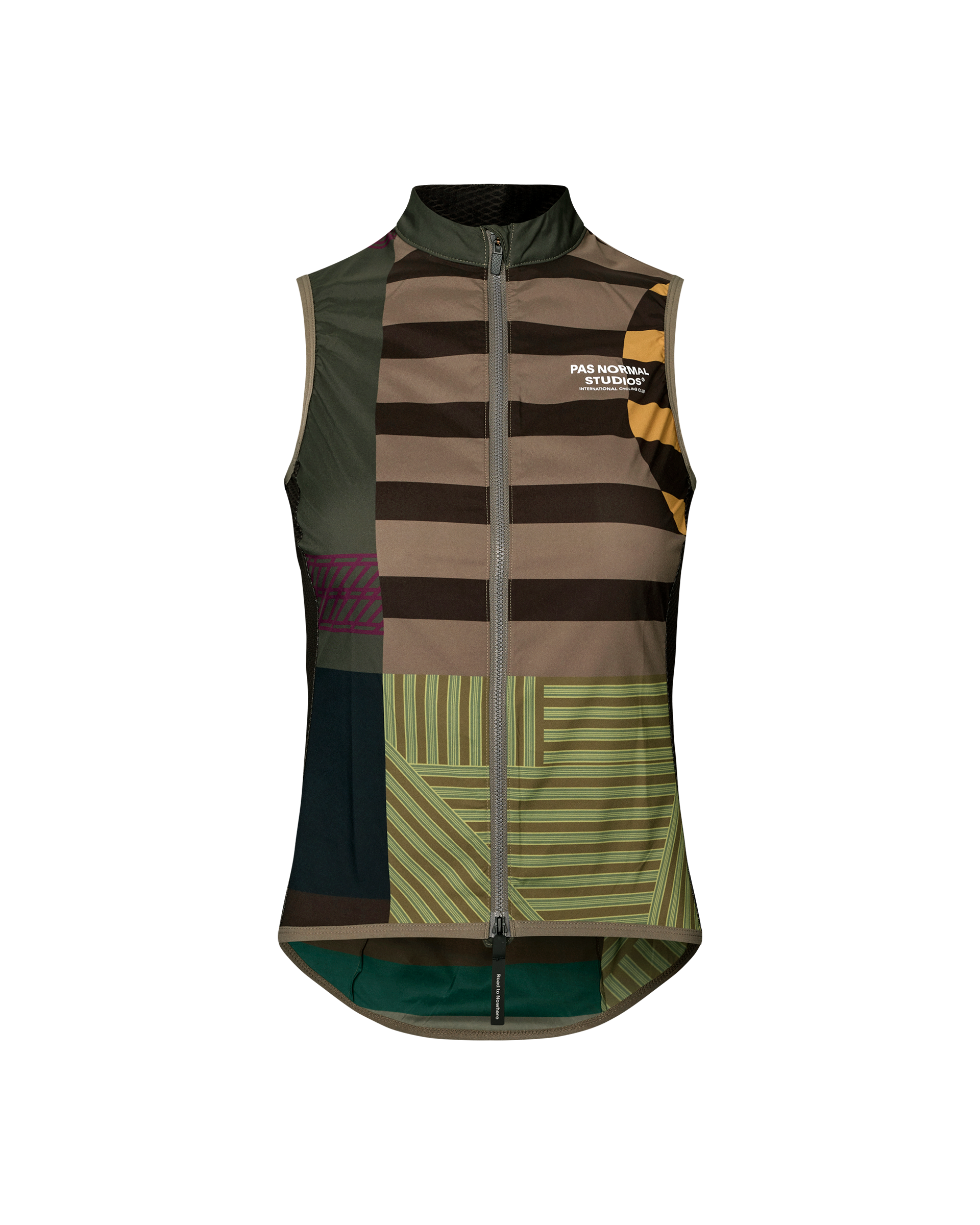 Stow Away cycling gilet in International Earth with multi-pattern patchwork of olive, brown, tan, green, mustard, and purple