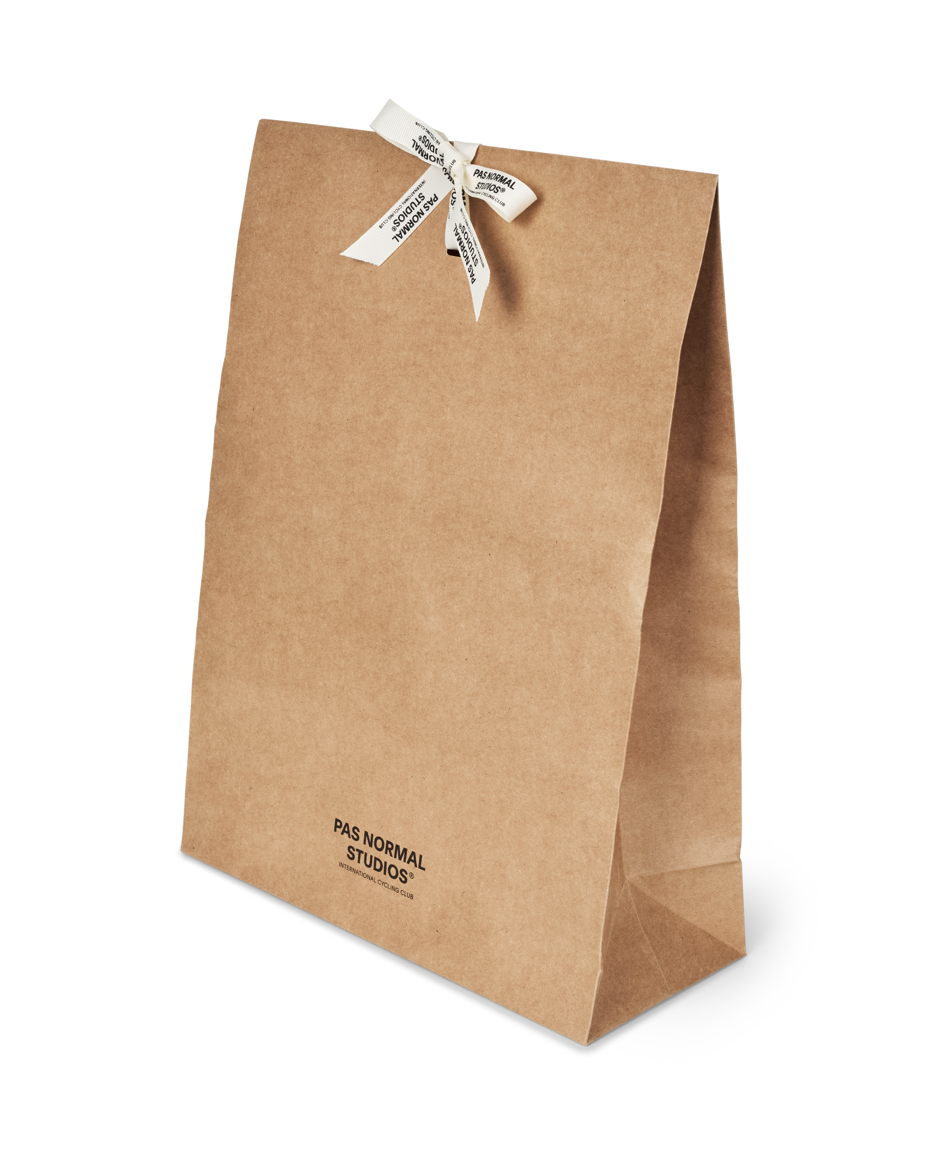Brown paper gift bag with white ribbon bow and black logo