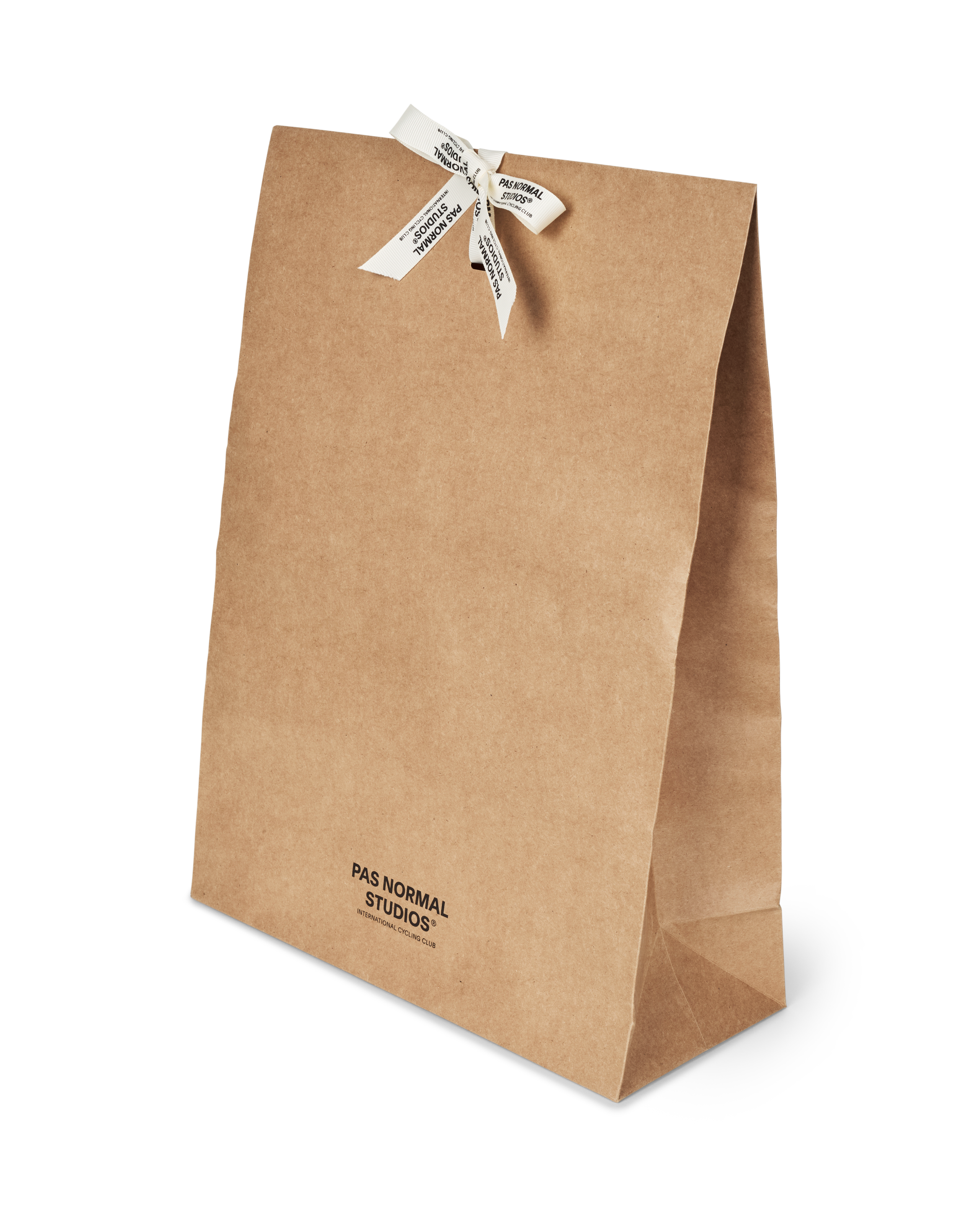 Brown paper gift bag with white ribbon bow and black logo