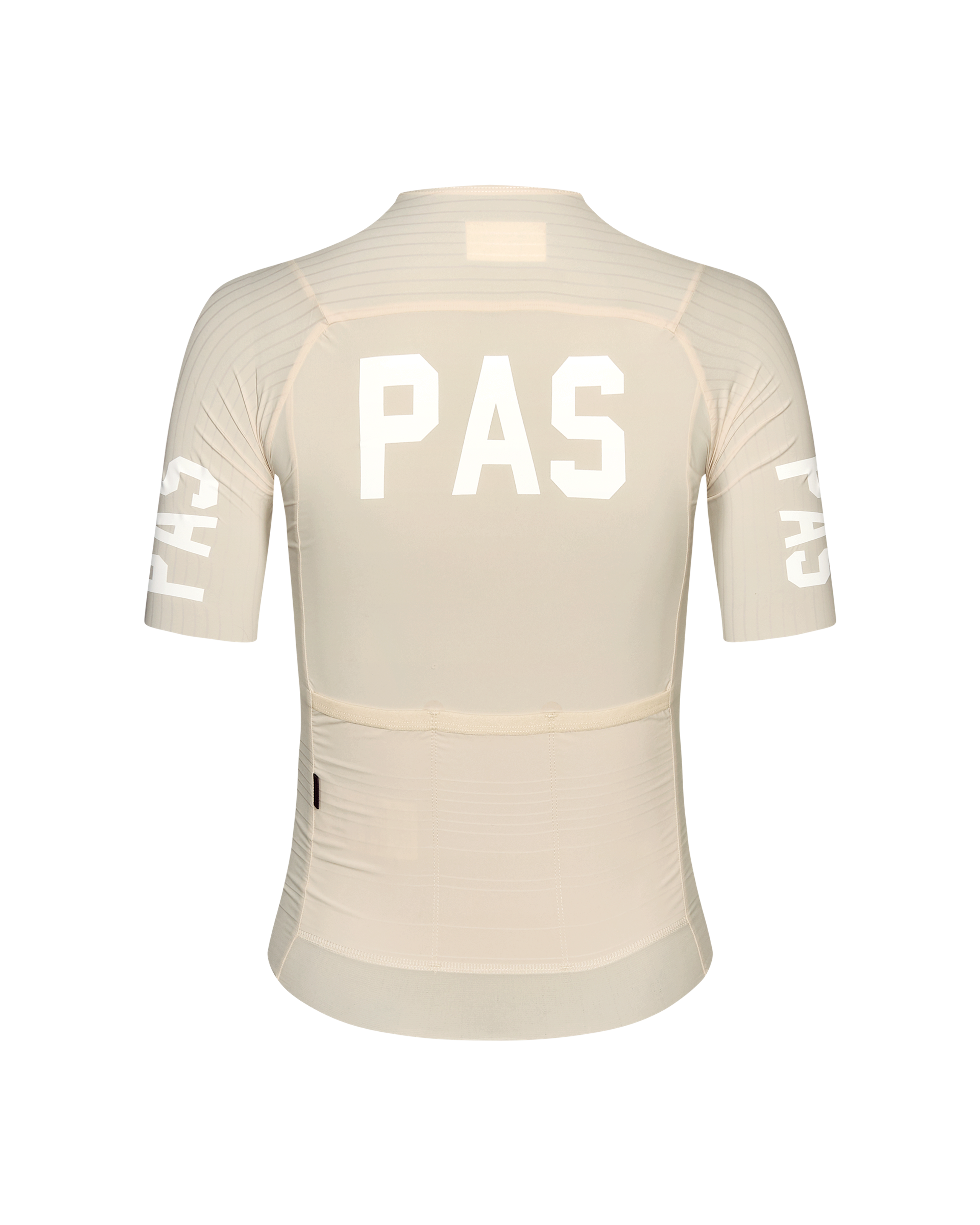 Cream PAS Mechanism Pro cycling jersey, rear view with white logo print