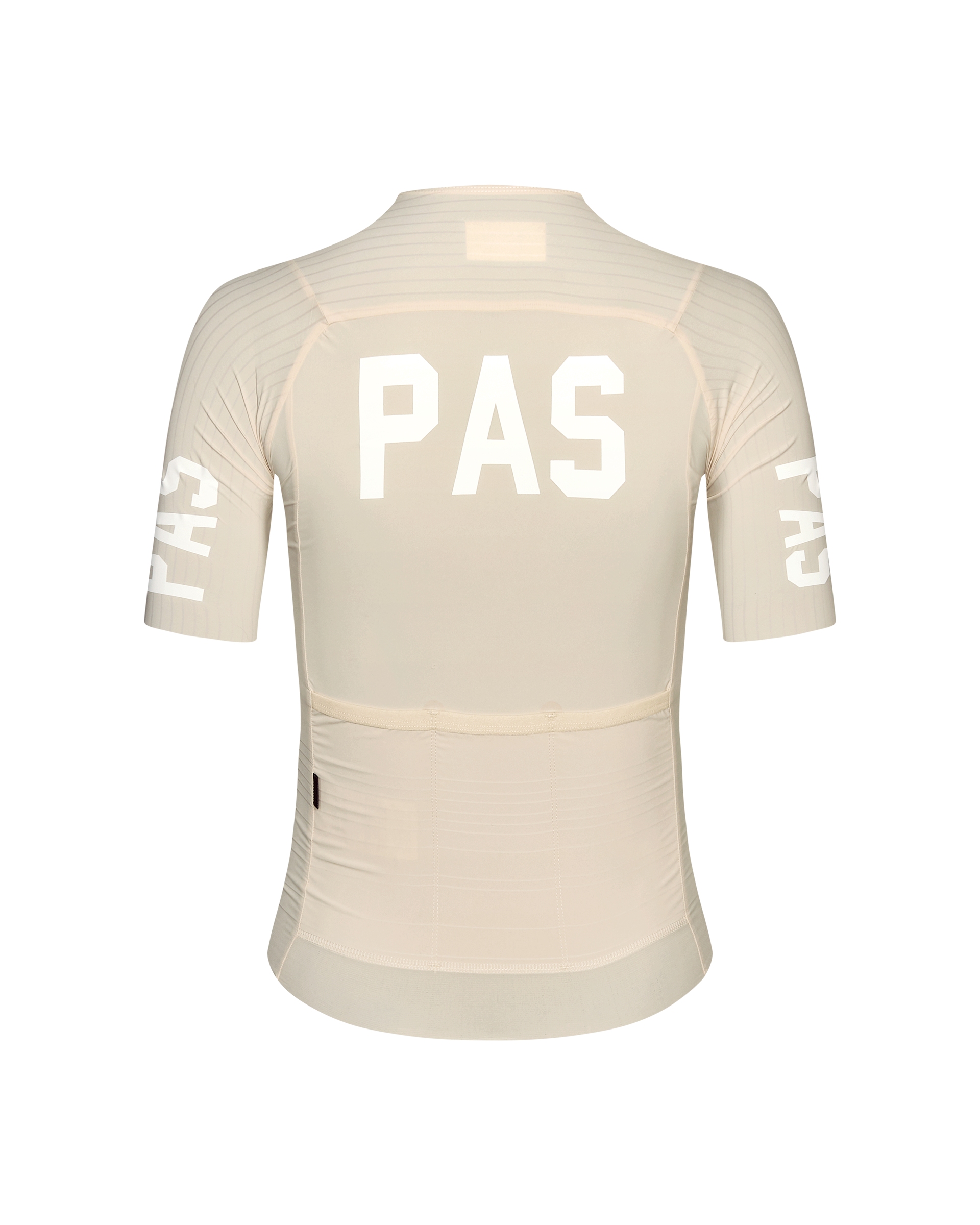 Cream PAS Mechanism Pro cycling jersey, rear view with white logo print