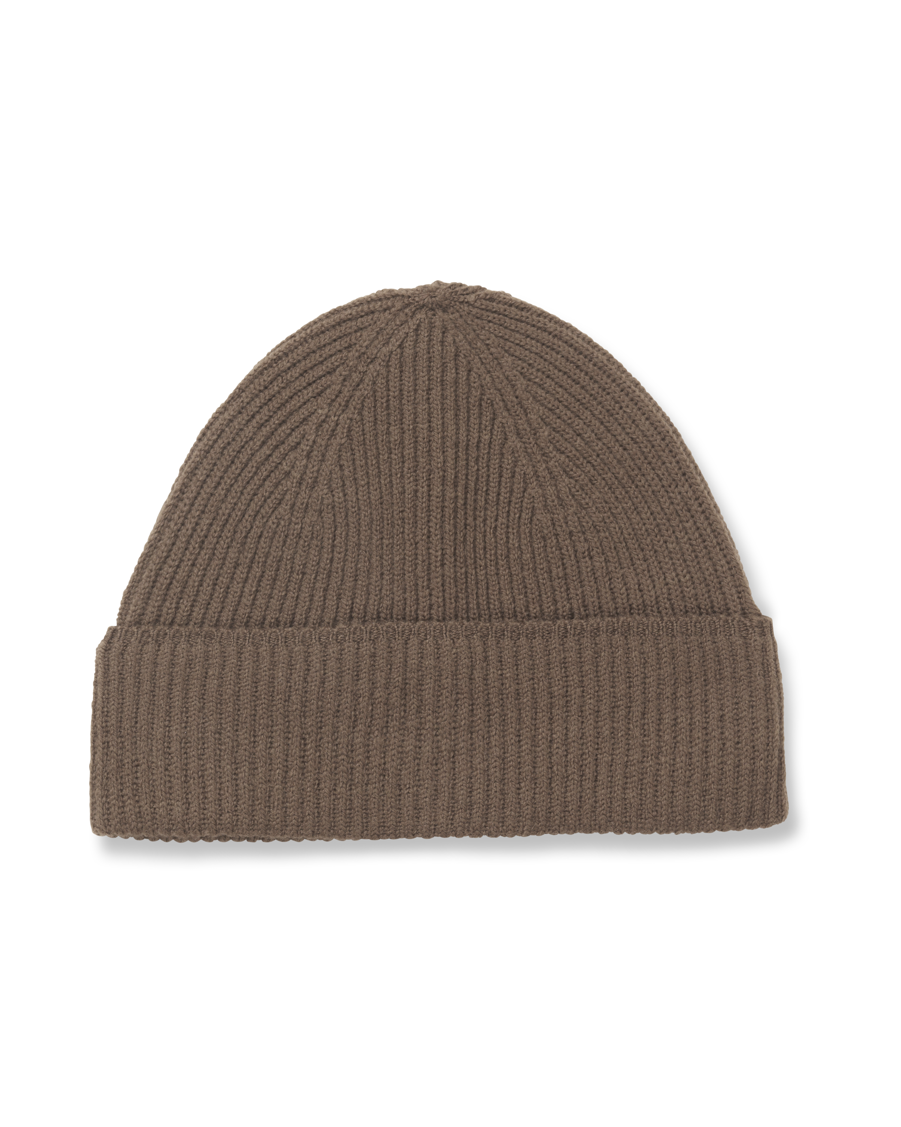 Brown Off-Race Merino Knit beanie, front view with ribbed knit texture