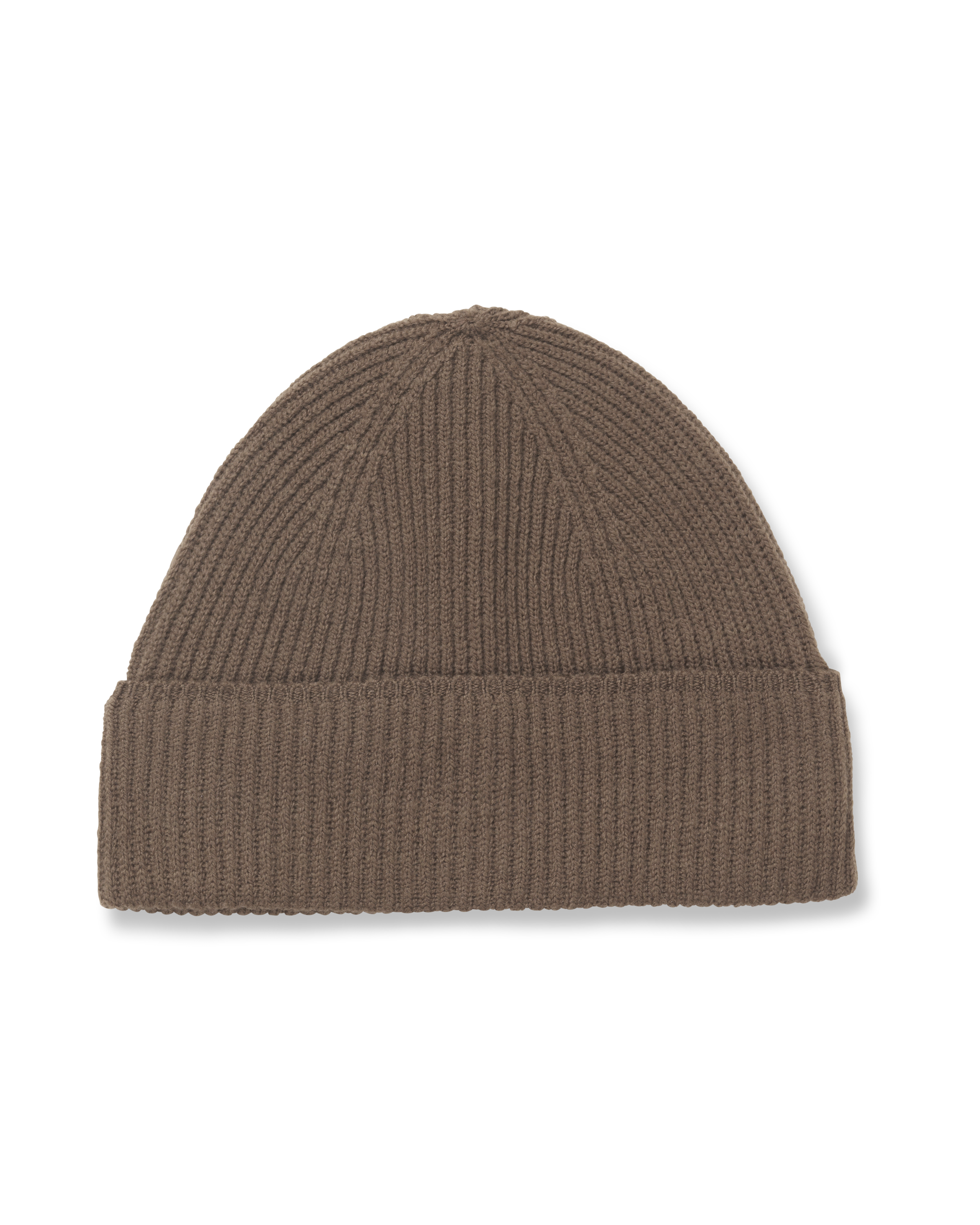 Brown Off-Race Merino Knit beanie, front view with ribbed knit texture