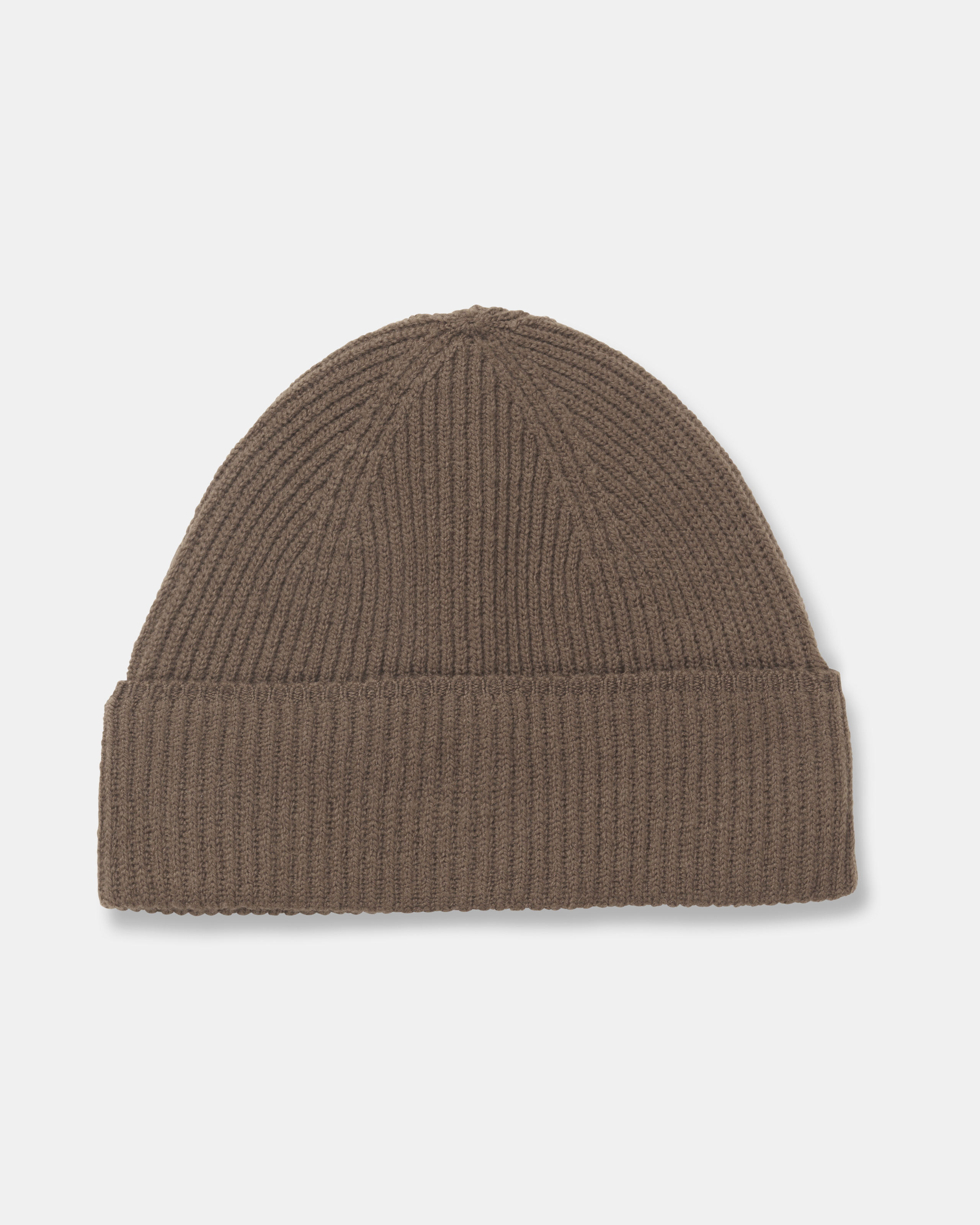 Brown Off-Race Merino Knit beanie, front view with ribbed knit texture