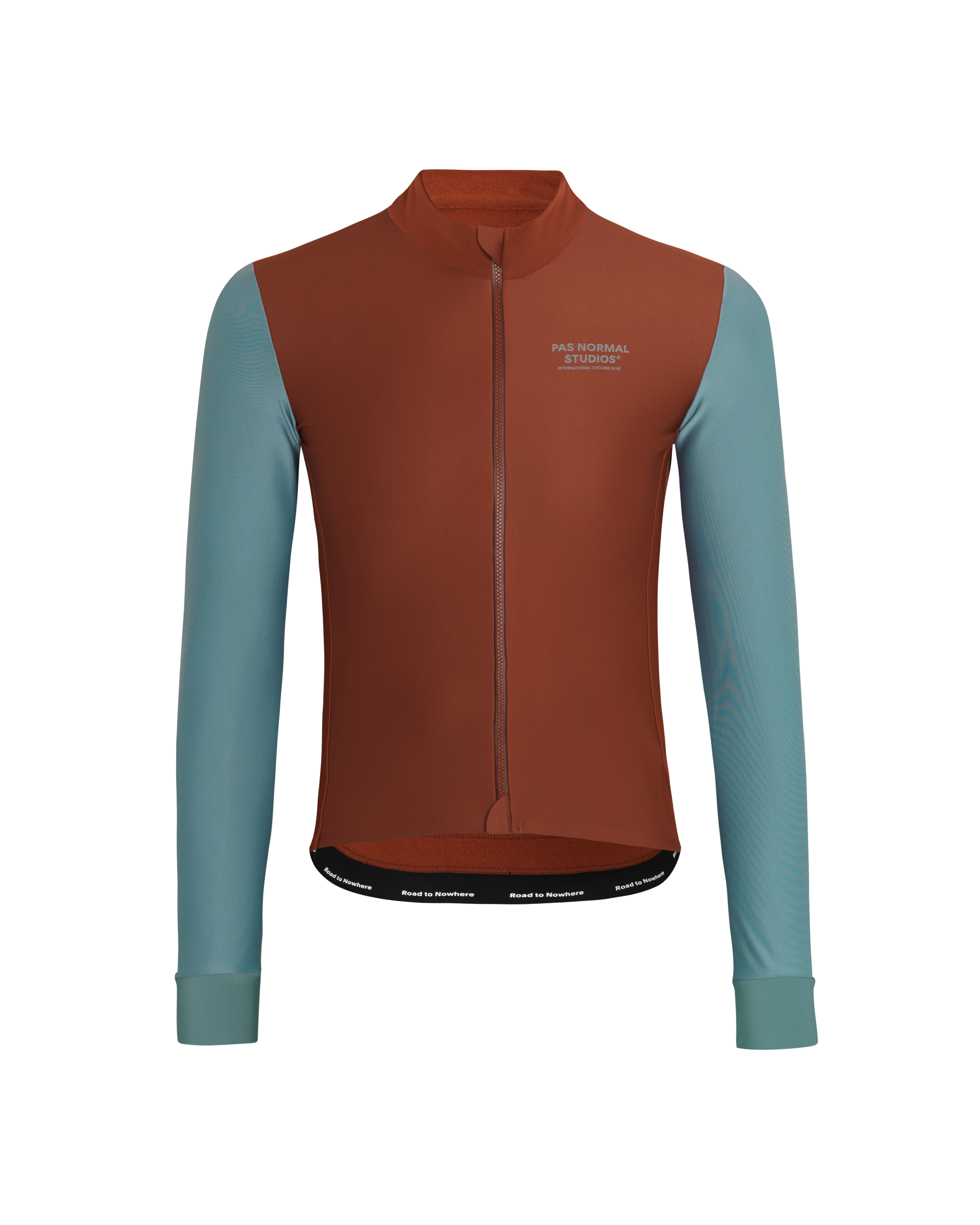 Mahogany Mechanism long sleeve cycling jersey, front flat lay with contrast dusty teal sleeves and hem band