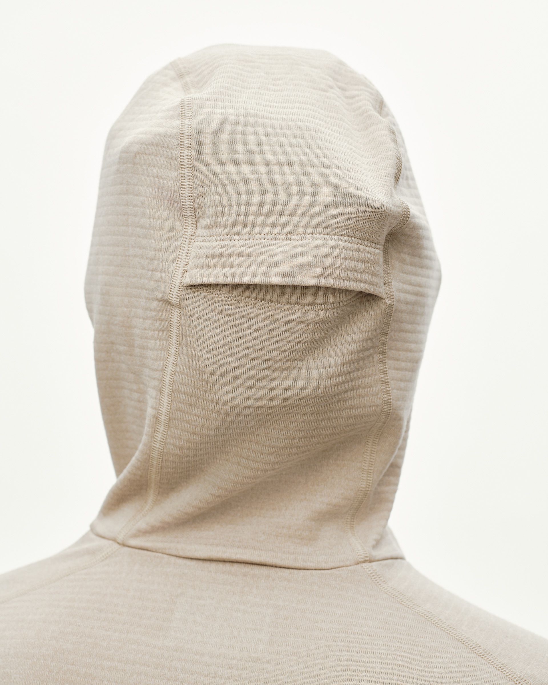 Haze purple Balance Thermal hoodie, rear detail on model showing ribbed hood construction