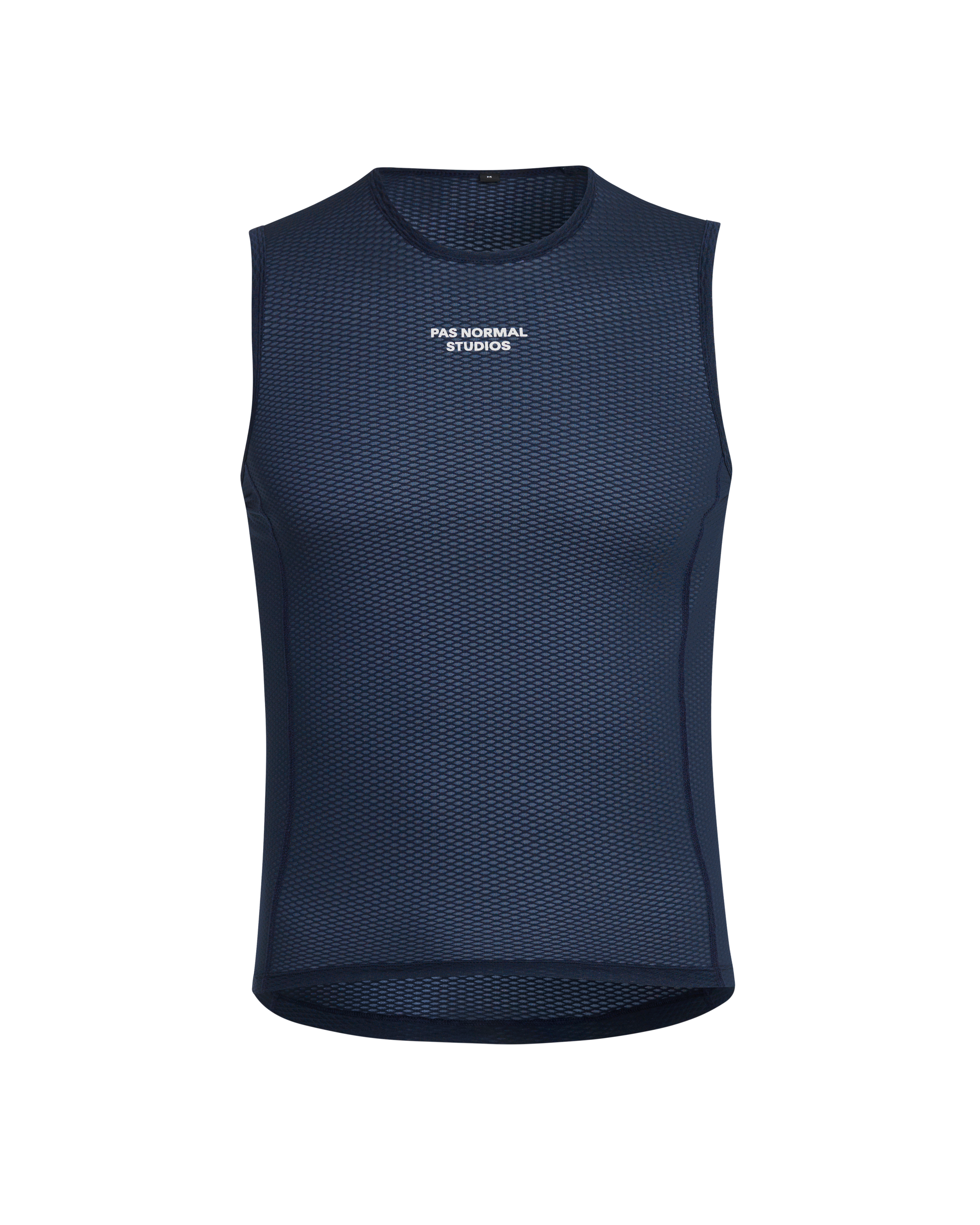 Navy Mechanism sleeveless cycling base layer, front view with mesh construction