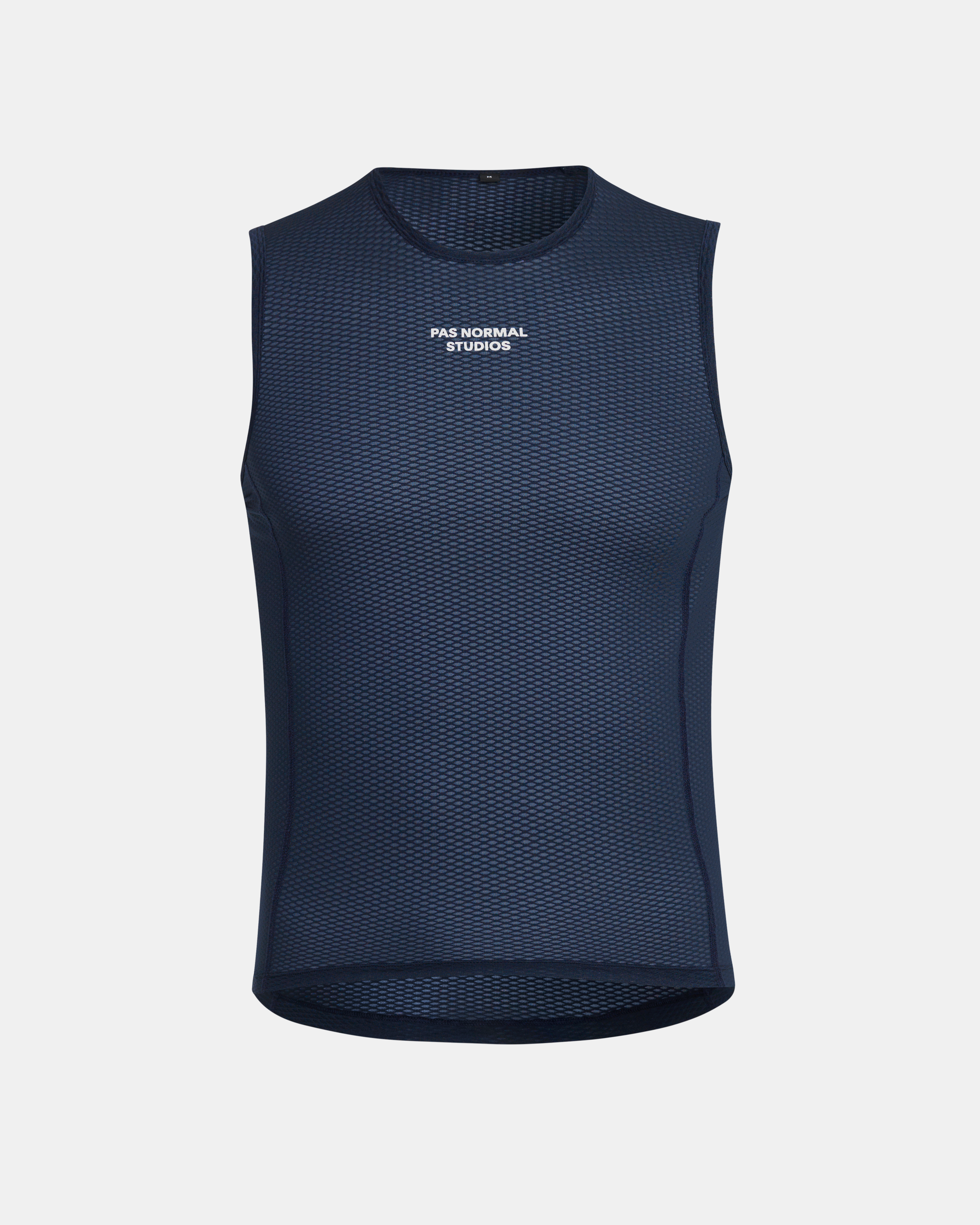Navy Mechanism sleeveless cycling base layer, front view with mesh construction