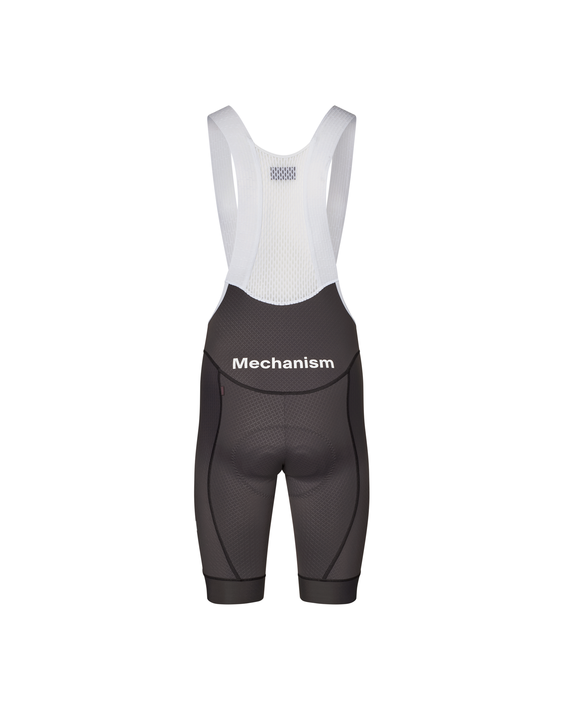 Grey Mechanism cycling bibs, rear flat lay with white mesh bib straps and textured fabric panels