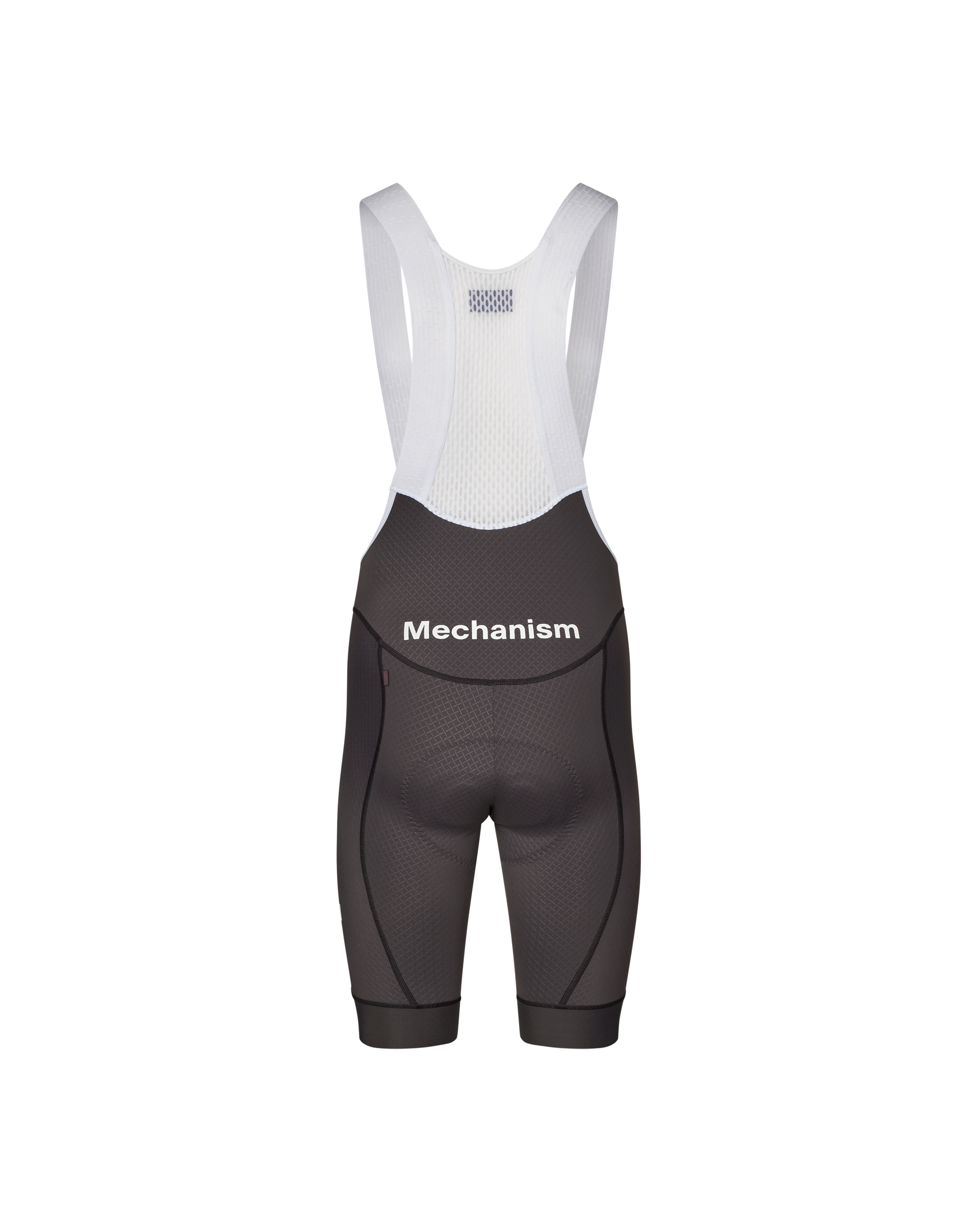 Grey Mechanism cycling bibs, rear flat lay with white mesh bib straps and textured fabric panels