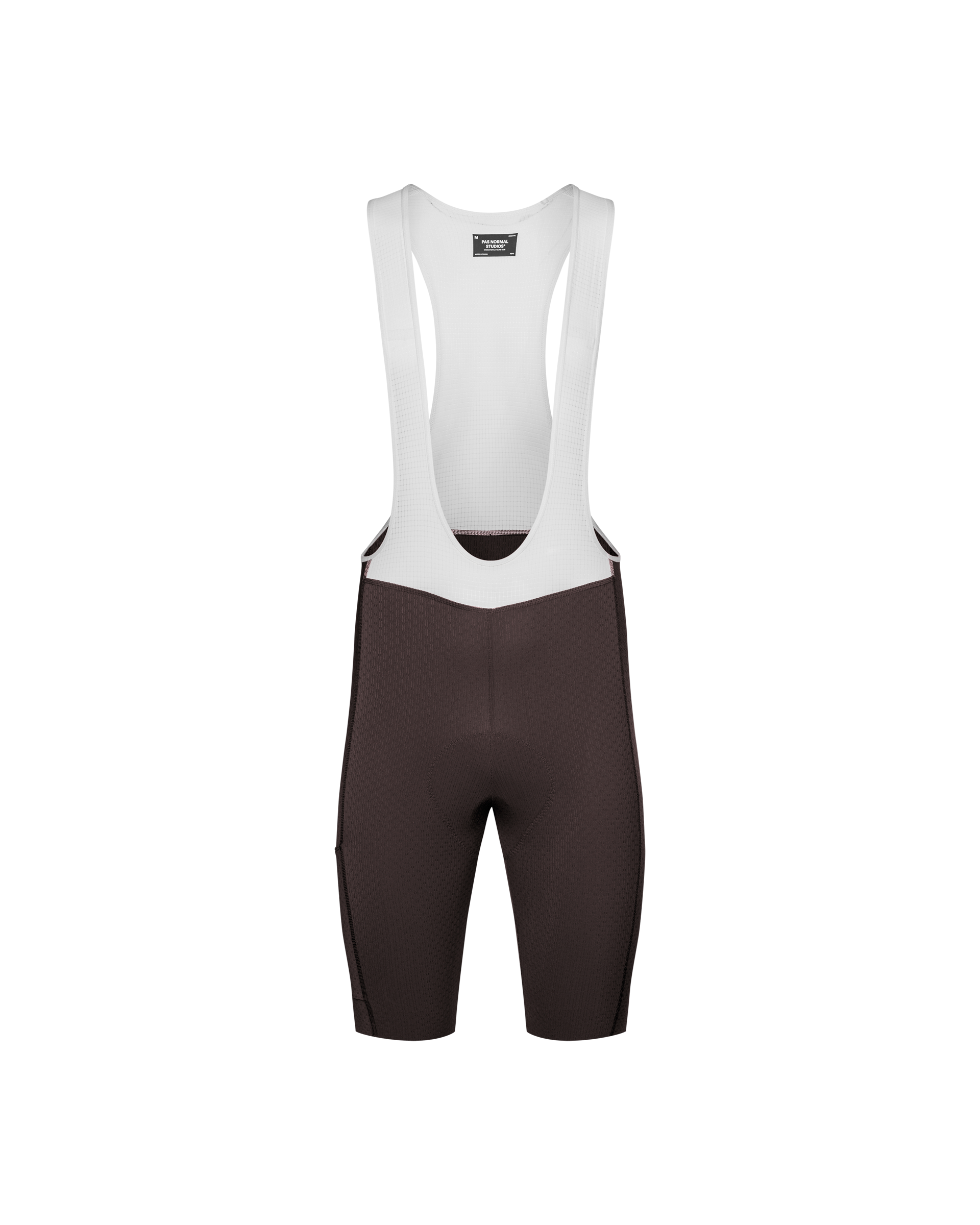 Dark Purple Essential Light Cargo cycling bibs, front flat lay with white contrast straps