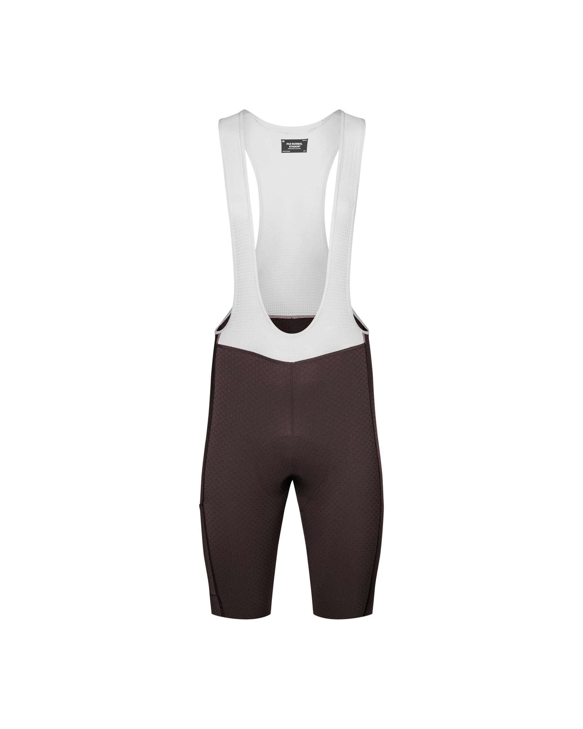 Dark Purple Essential Light Cargo cycling bibs, front flat lay with white contrast straps