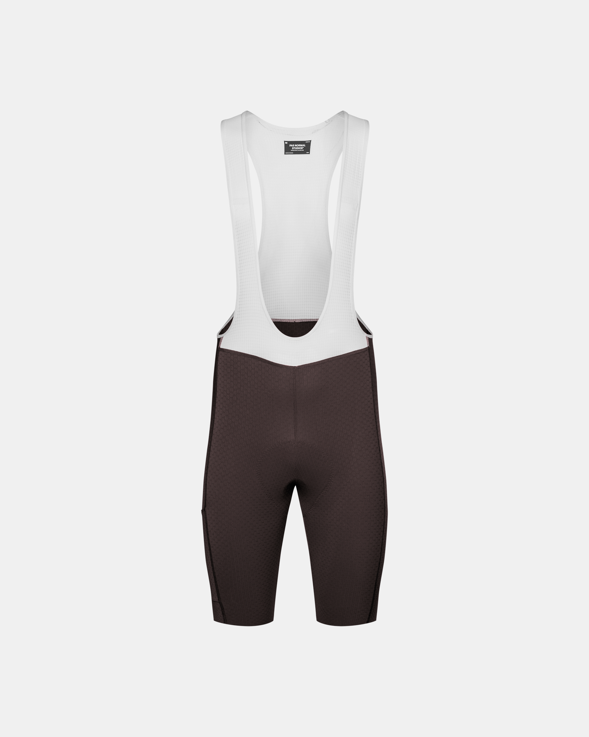 Dark Purple Essential Light Cargo cycling bibs, front flat lay with white contrast straps