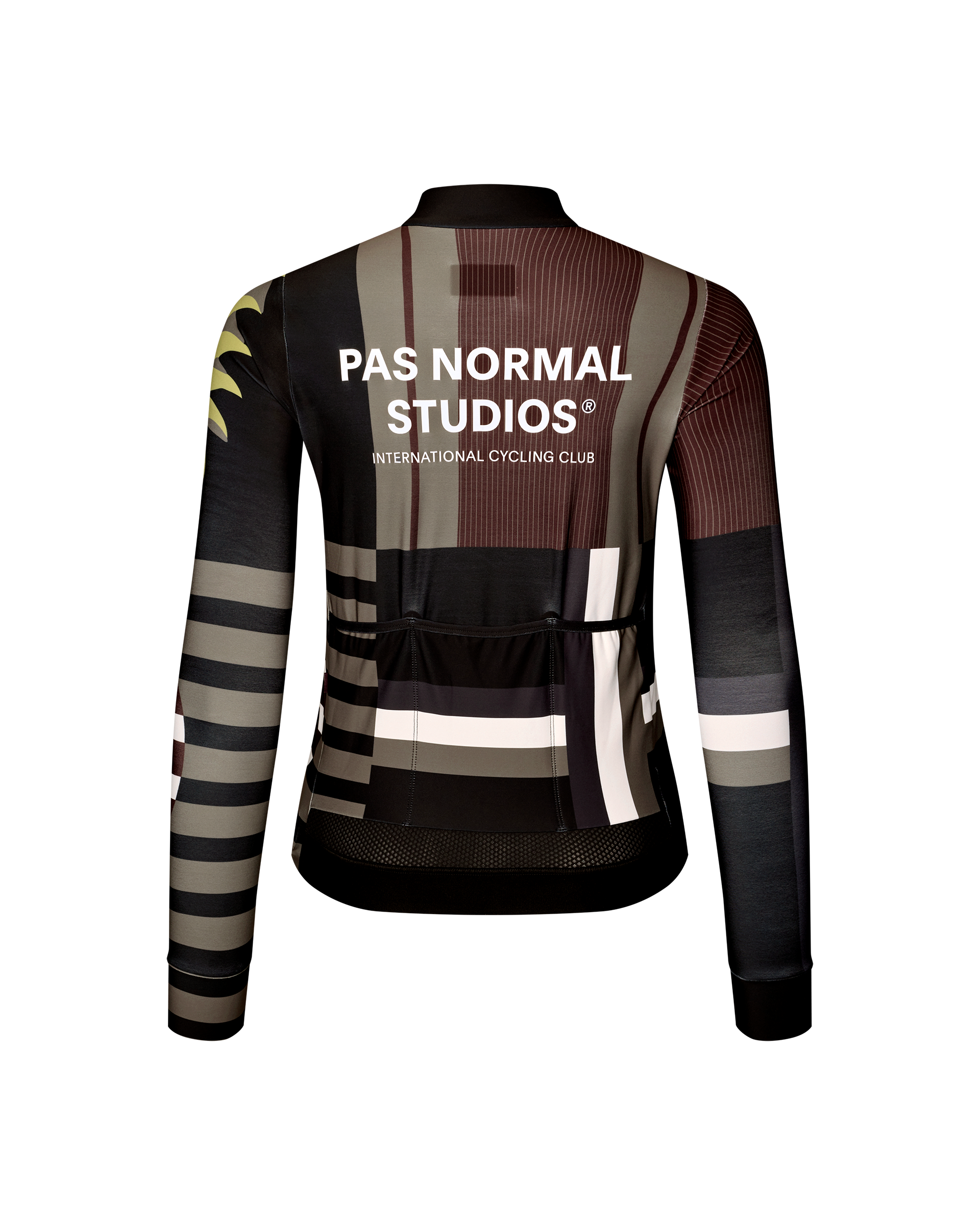 International Dark Olive Mechanism women's long sleeve cycling jersey, rear view with multicolor abstract print and back