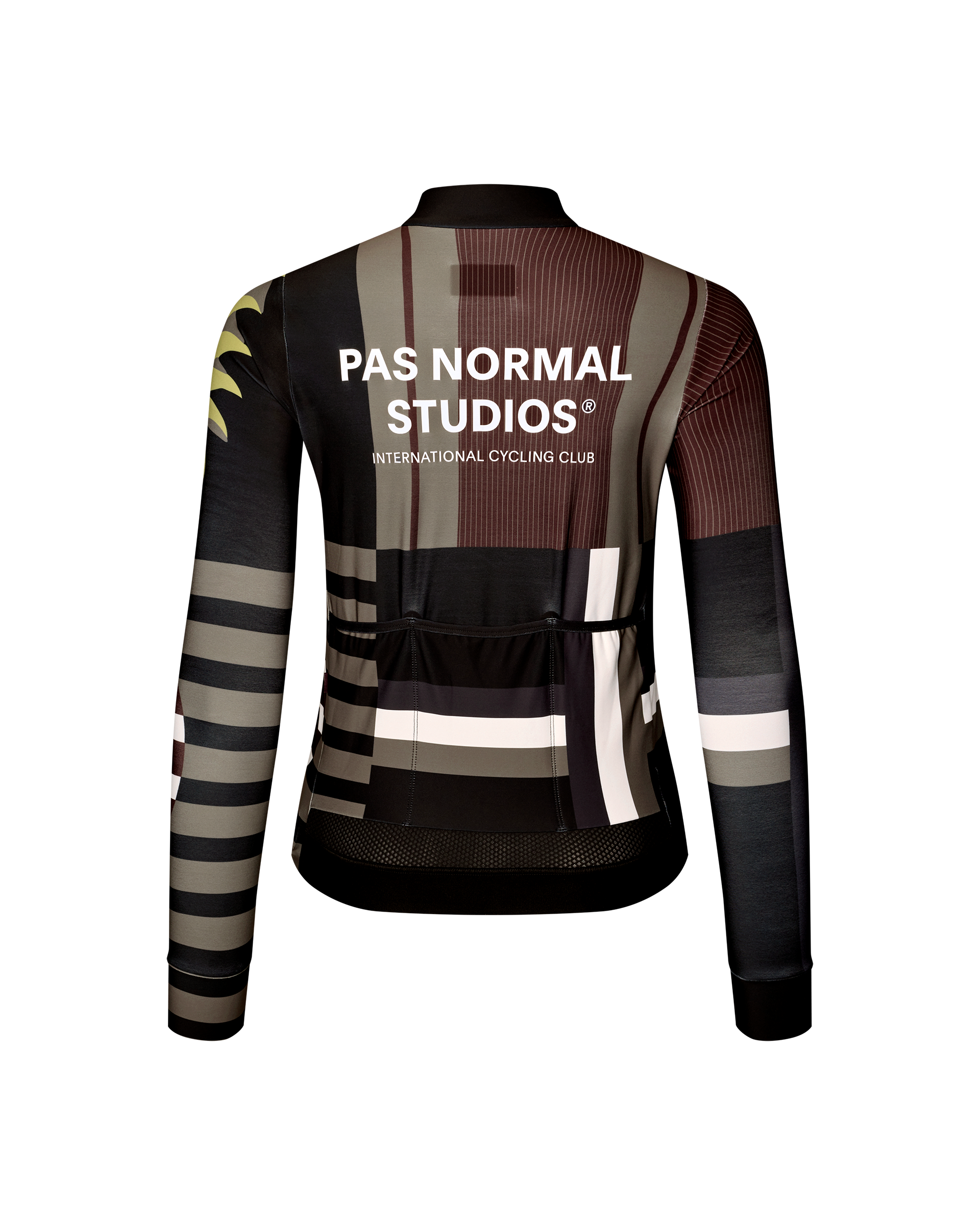 International Dark Olive Mechanism women's long sleeve cycling jersey, rear view with multicolor abstract print and back