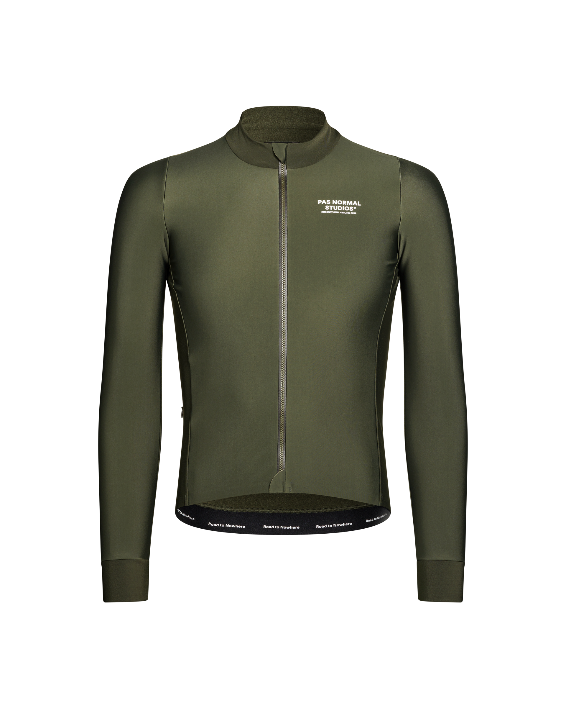 Dark Olive Mechanism Thermal long sleeve cycling jersey, front view with full zip and white chest logo