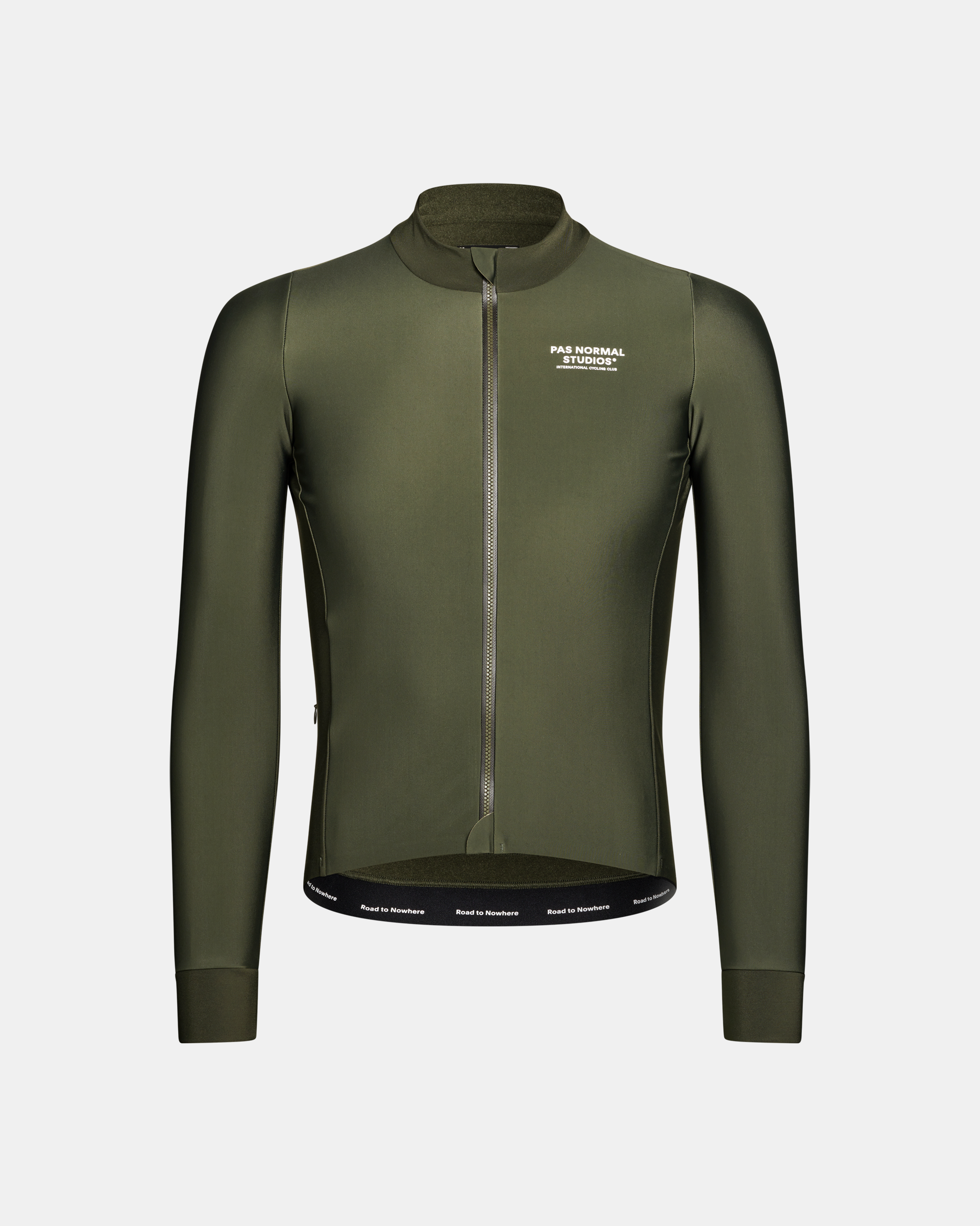 Dark Olive Mechanism Thermal long sleeve cycling jersey, front view with full zip and white chest logo