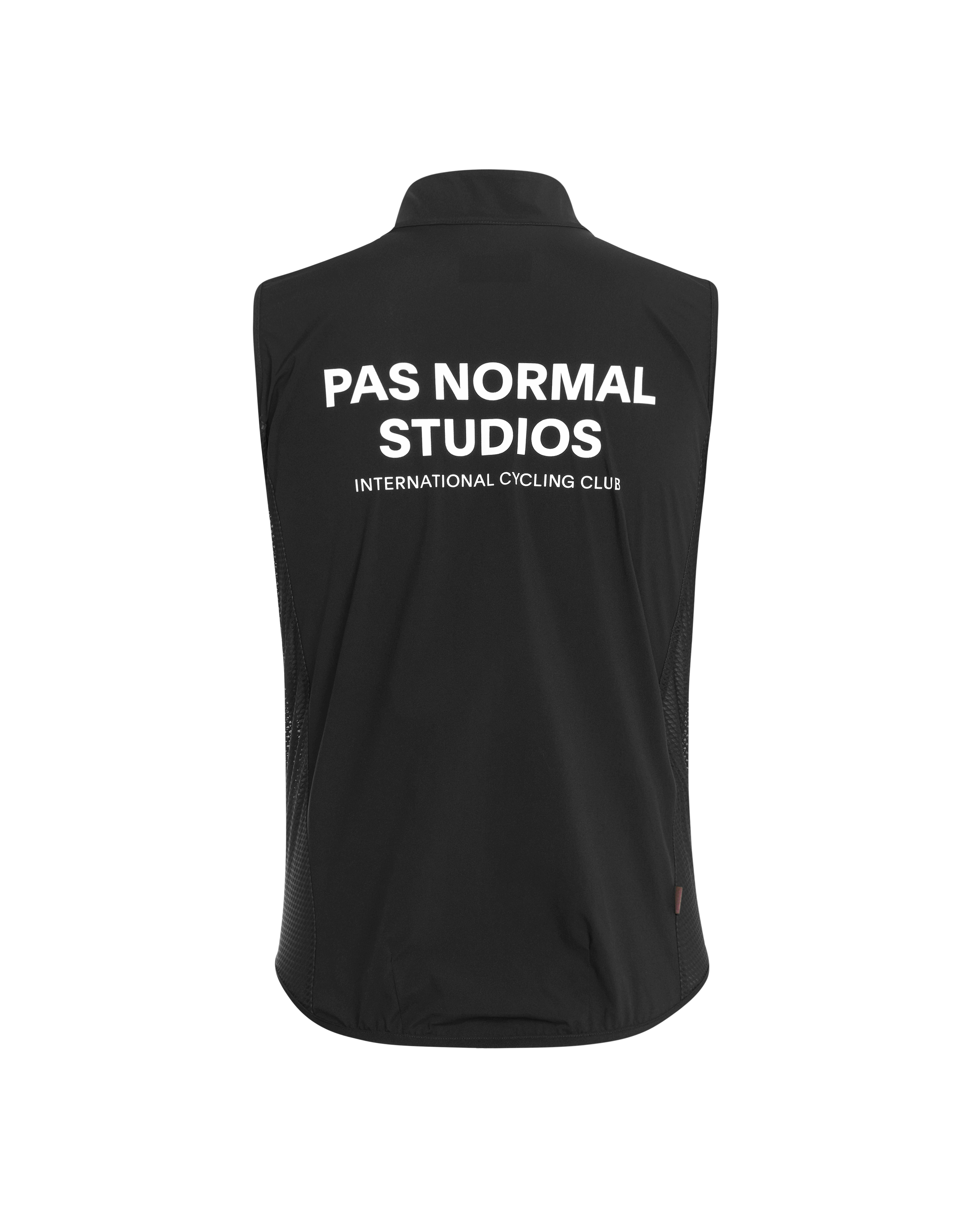 Black Mechanism Stow Away gilet, rear view with white logo print and mesh side panels