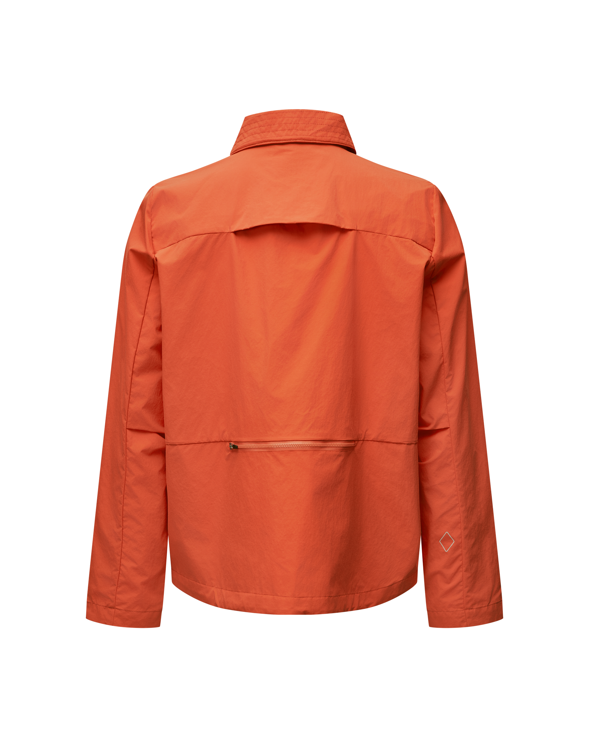 Orange Off-Race Utility jacket, rear view with horizontal back zip and diamond logo