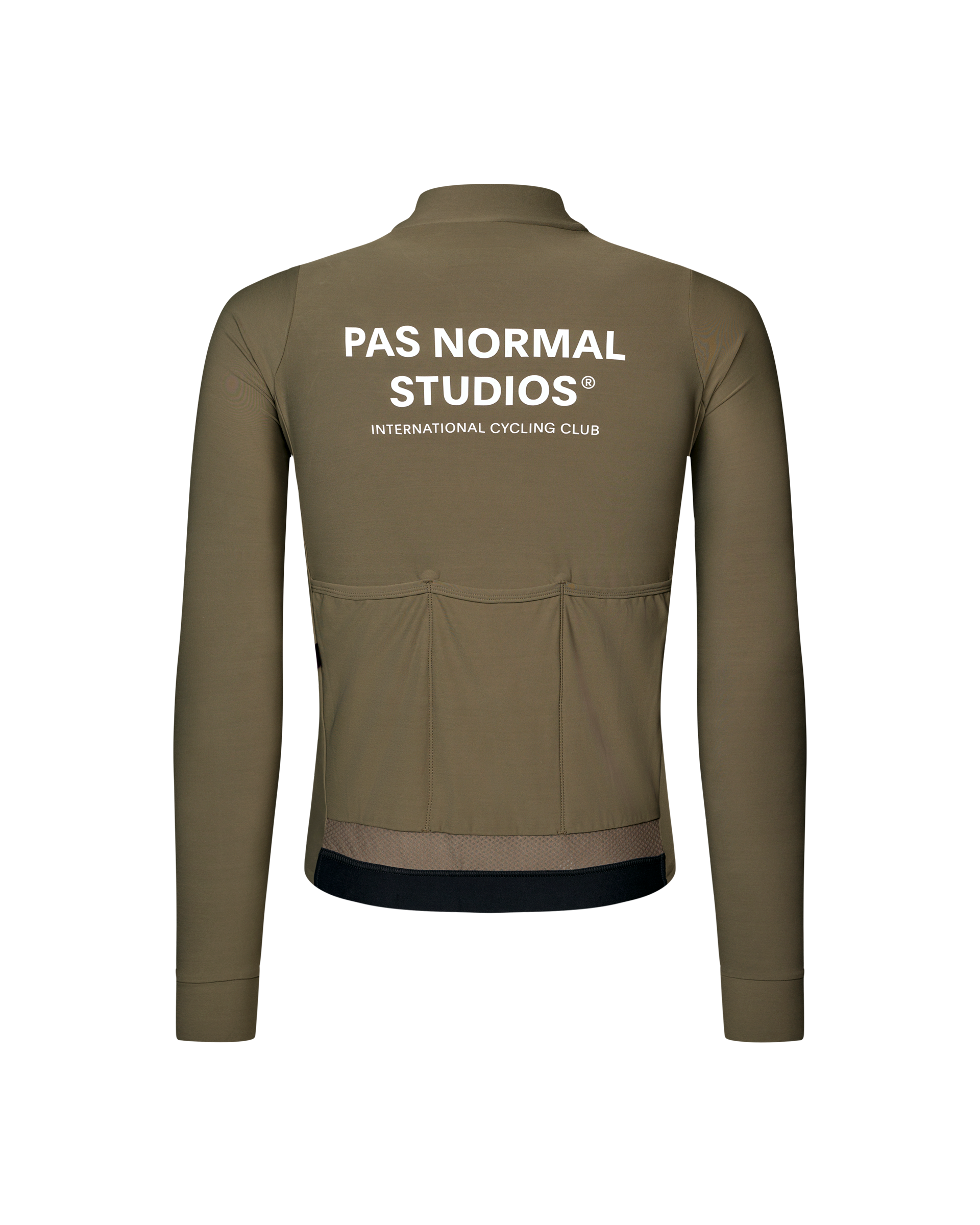 Mud Mechanism long sleeve cycling jersey, rear view with white back print and three pockets